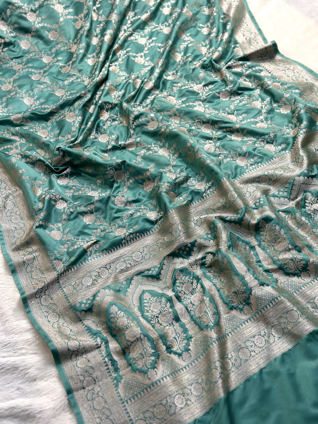 Powder Blue Mashru Silk Zari Jaal with Banarasi Border Saree