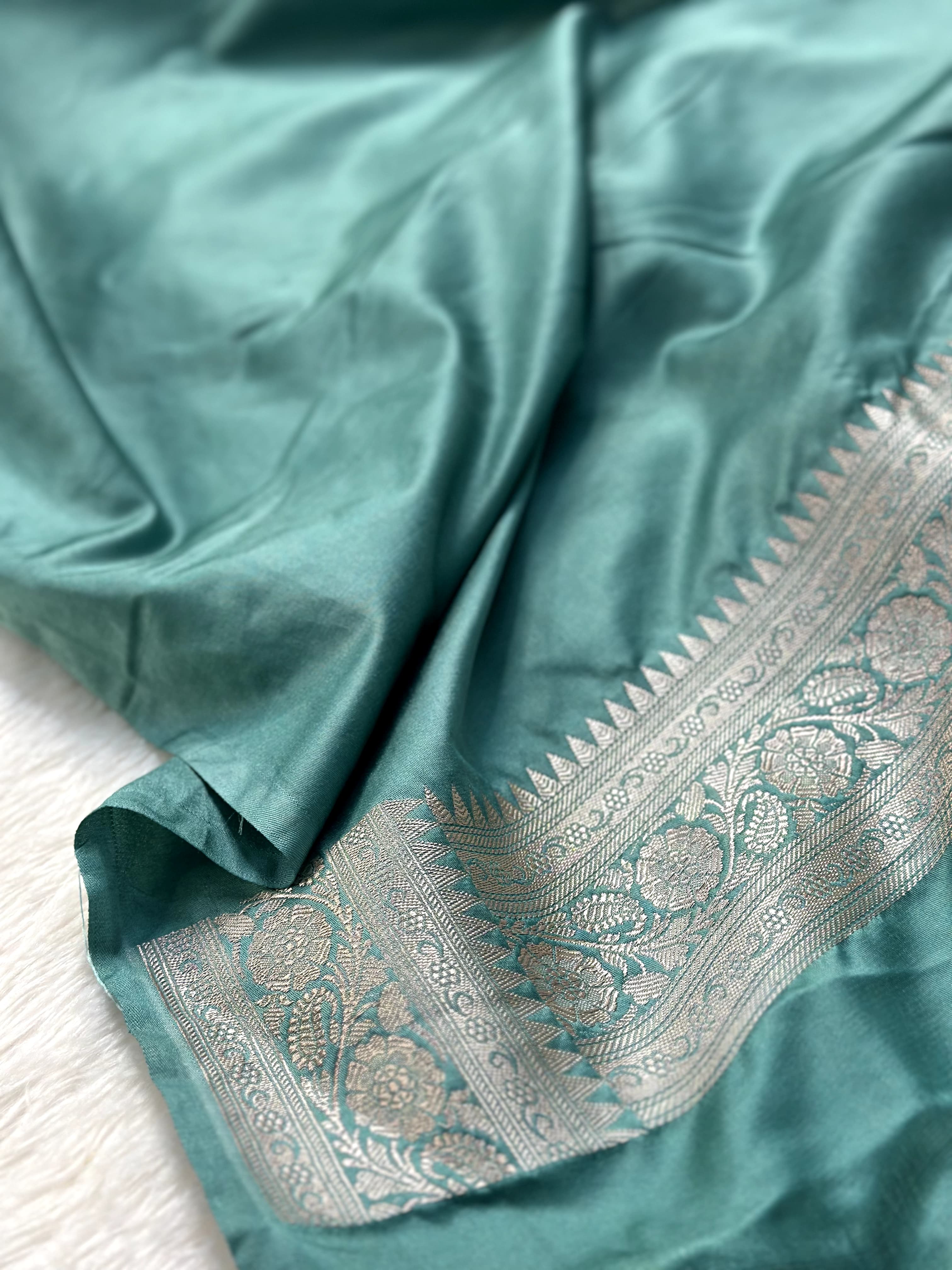 Powder Blue Mashru Silk Zari Jaal with Banarasi Border Saree