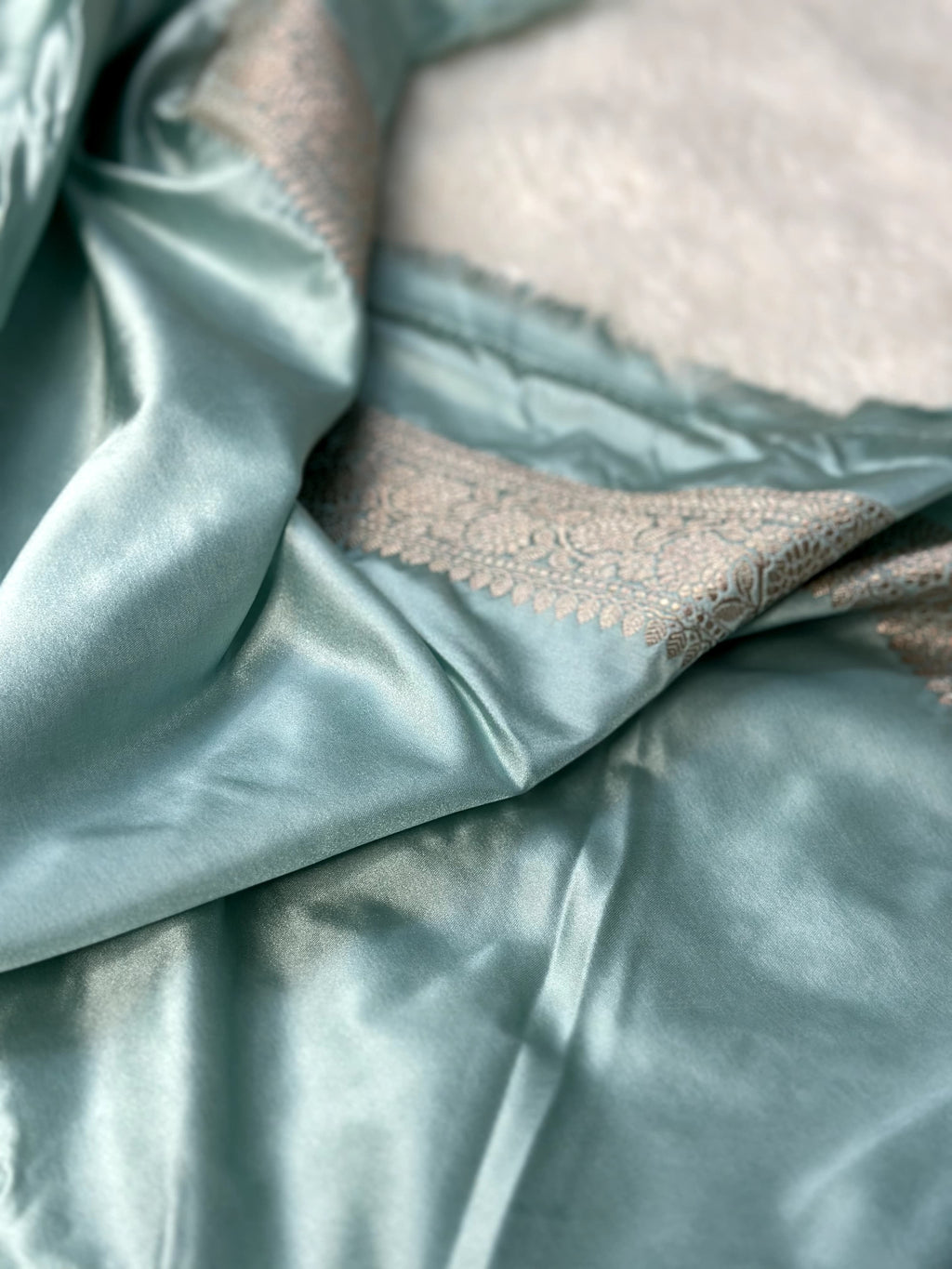 Powder Blue Mashru Silk Zari Booti with Banarasi Border Saree
