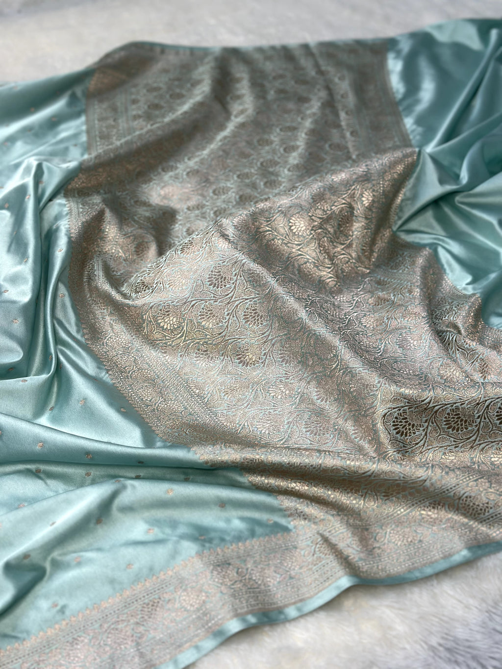 Powder Blue Mashru Silk Zari Booti with Banarasi Border Saree