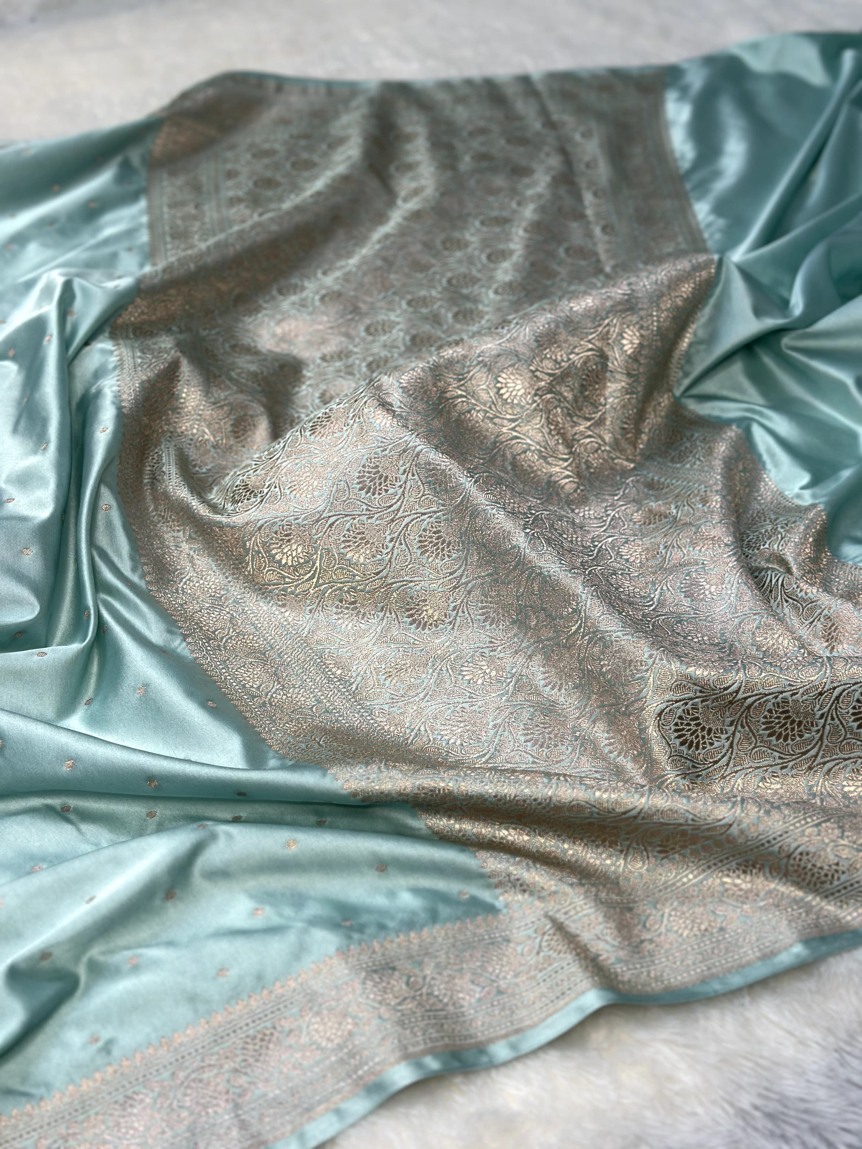 Powder Blue Mashru Silk Zari Booti with Banarasi Border Saree