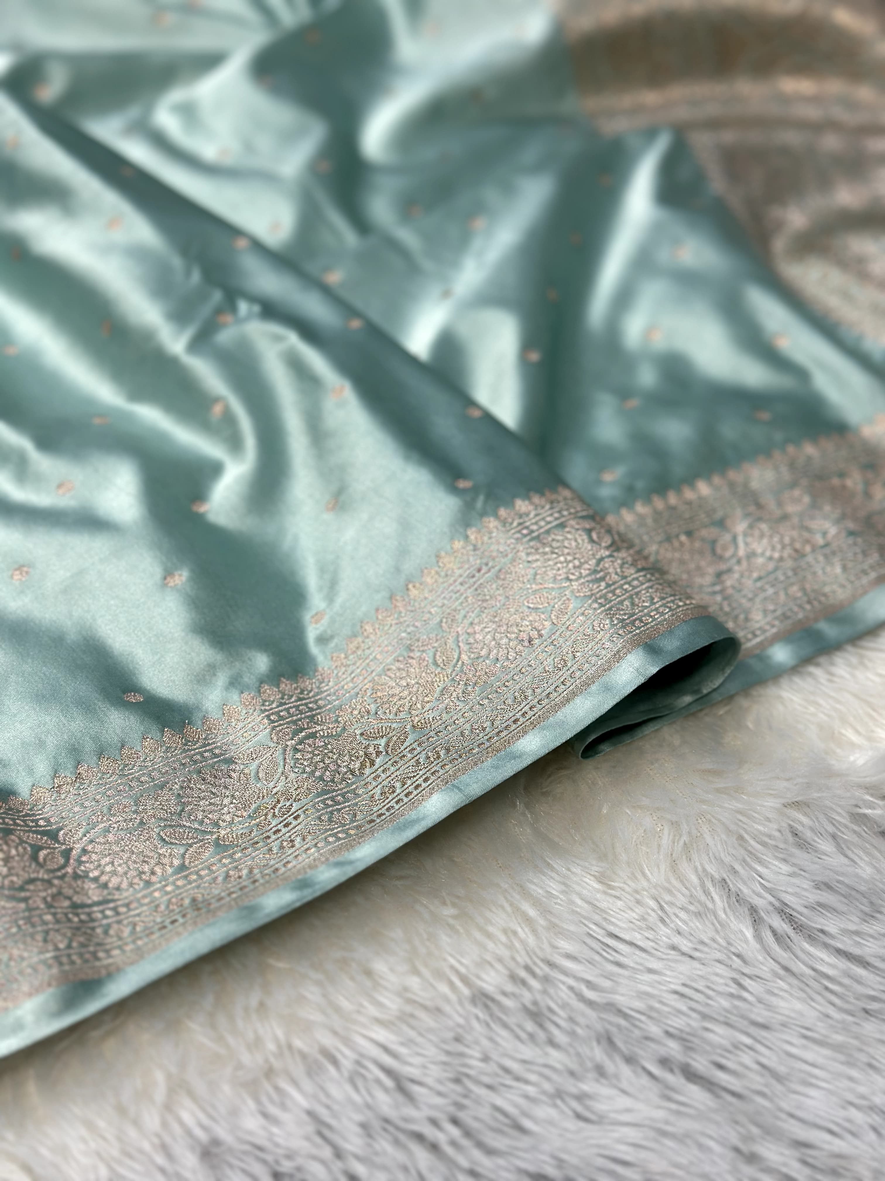 Powder Blue Mashru Silk Zari Booti with Banarasi Border Saree