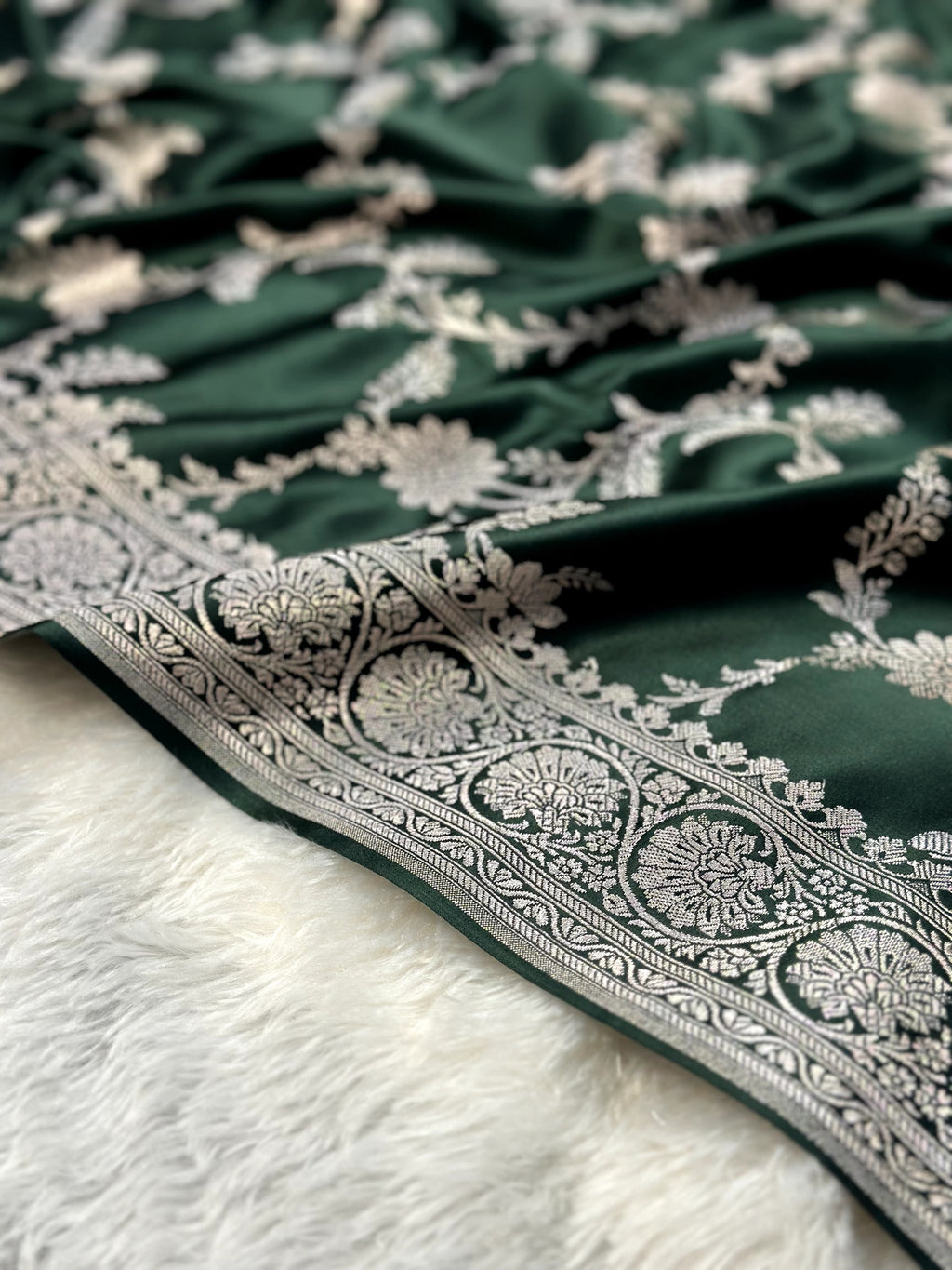 Bottle Green Mashru Silk Zari Jaal with Banarasi Border Saree