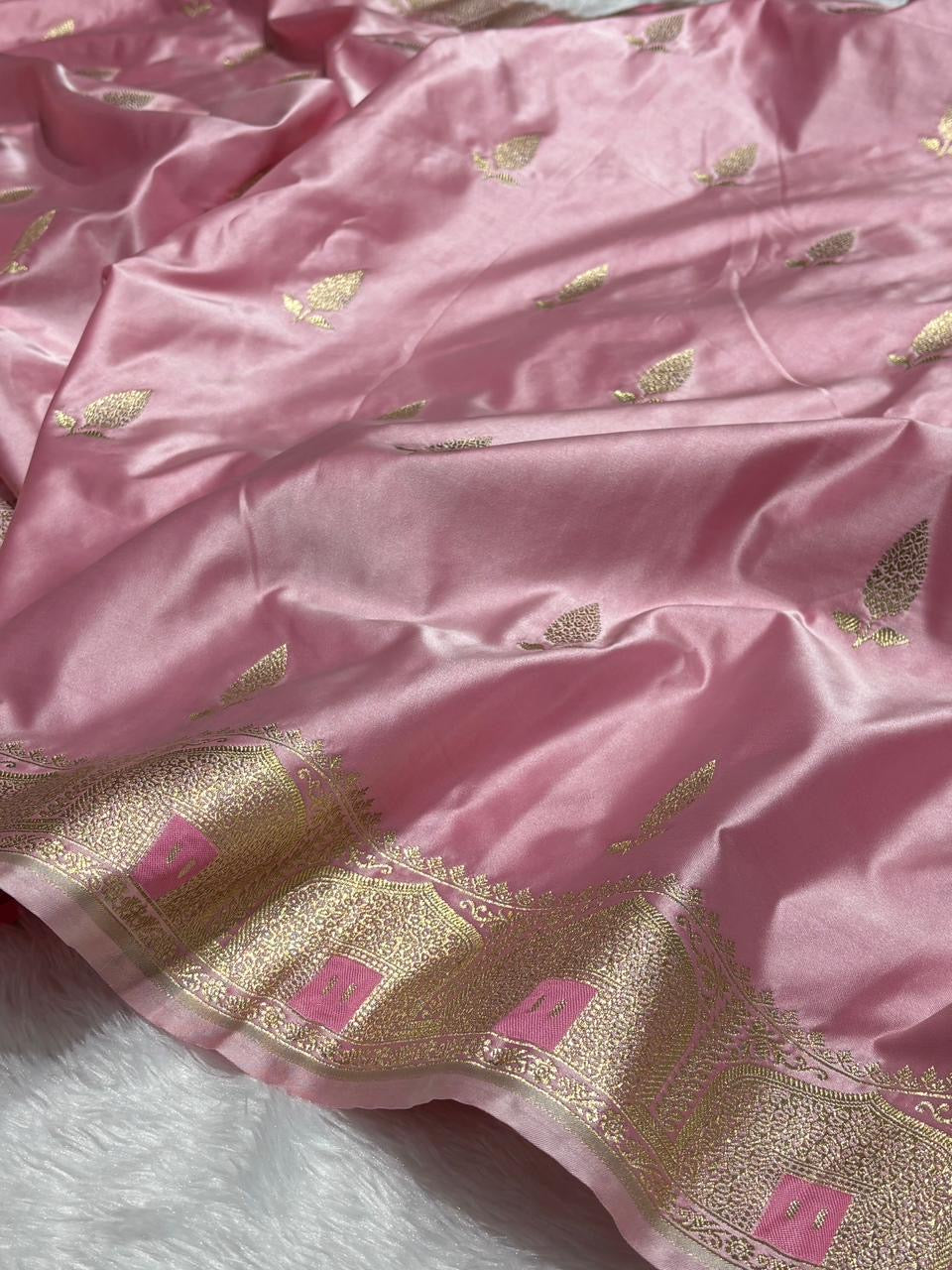 Baby Pink Leaf Buta Mashru Silk Banarasi Saree
