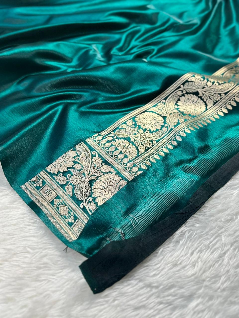 Teal Green Booti Satin Silk Saree