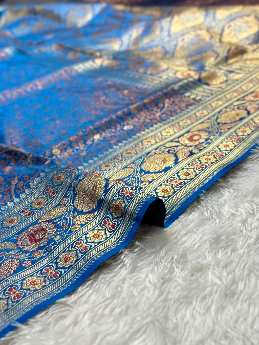 Shade of Blue and Gold Mashru Tanhui Banarasi Saree