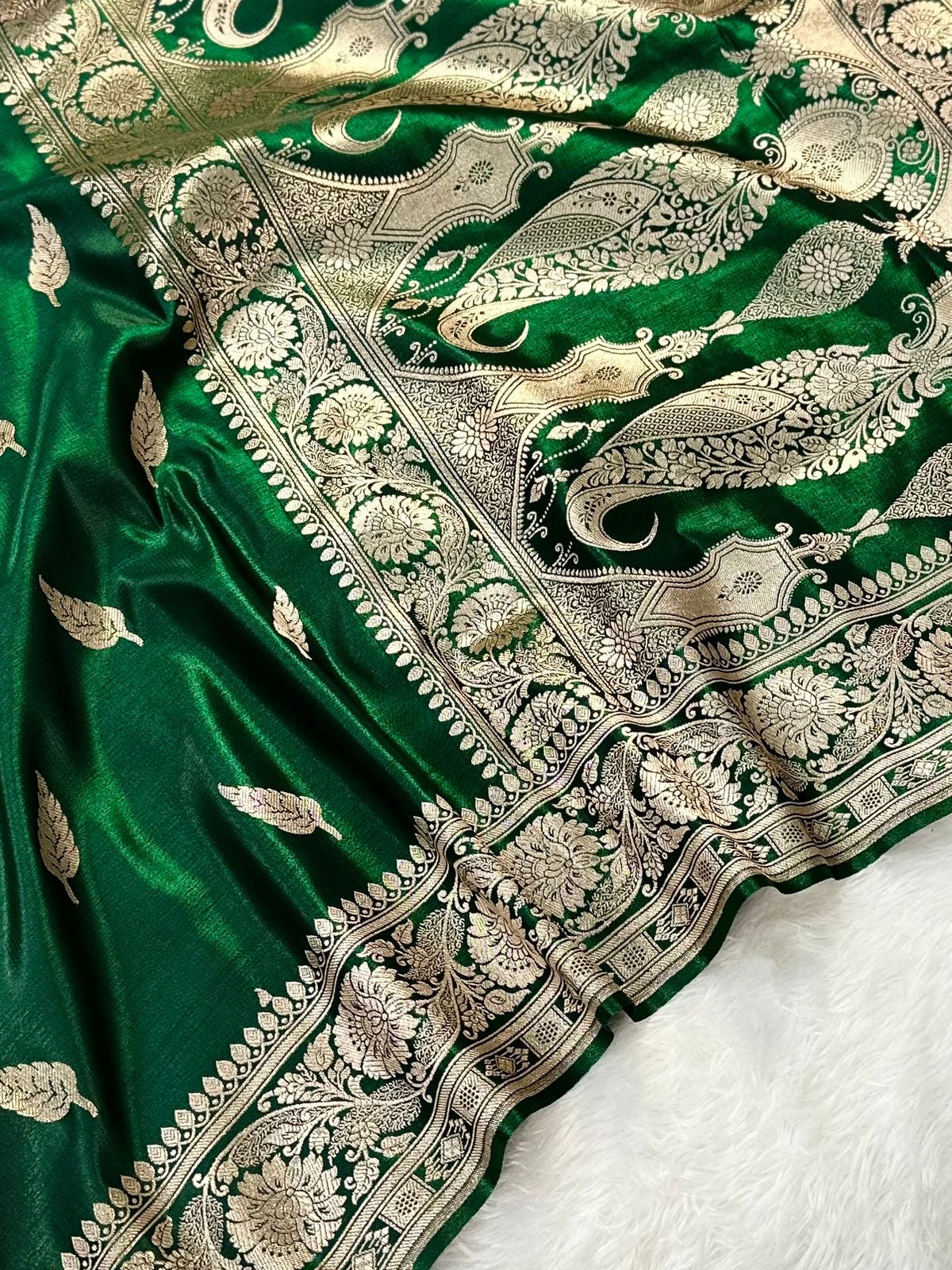Deep Green Booti Satin Silk Saree