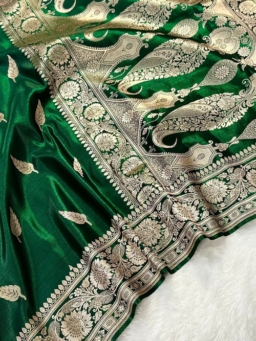 Deep Green Booti Satin Silk Saree