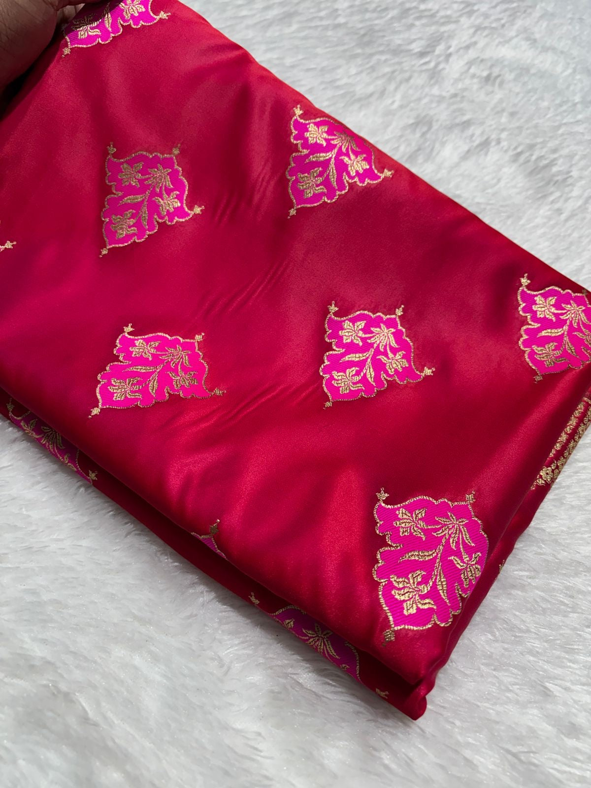 Rani Pink with Gold and Pink floral patterns Mashru SIlk Banarasi Saree
