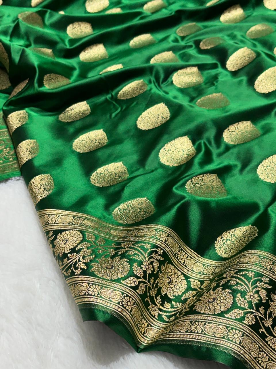 Blooming Dark Green Mashru Silk Banarasi Sarees in Buta Pattern