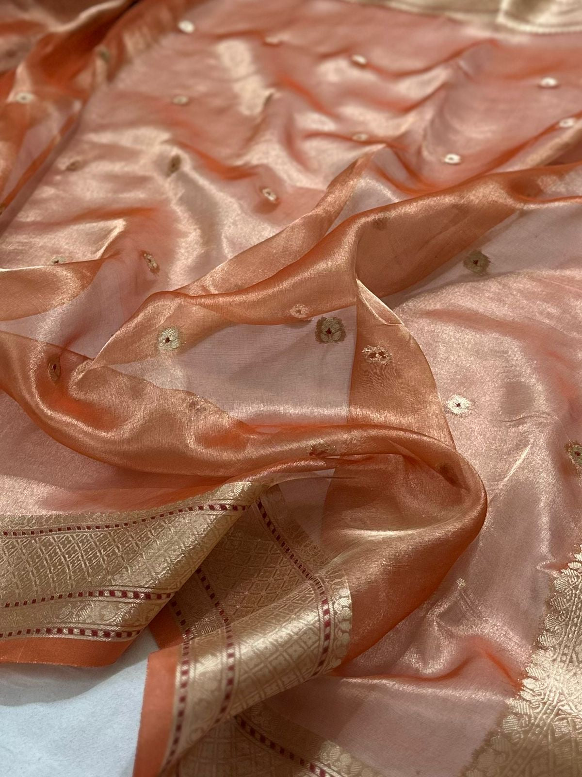 Peach Gold  Pure Banarasi Tissue Buta Saree