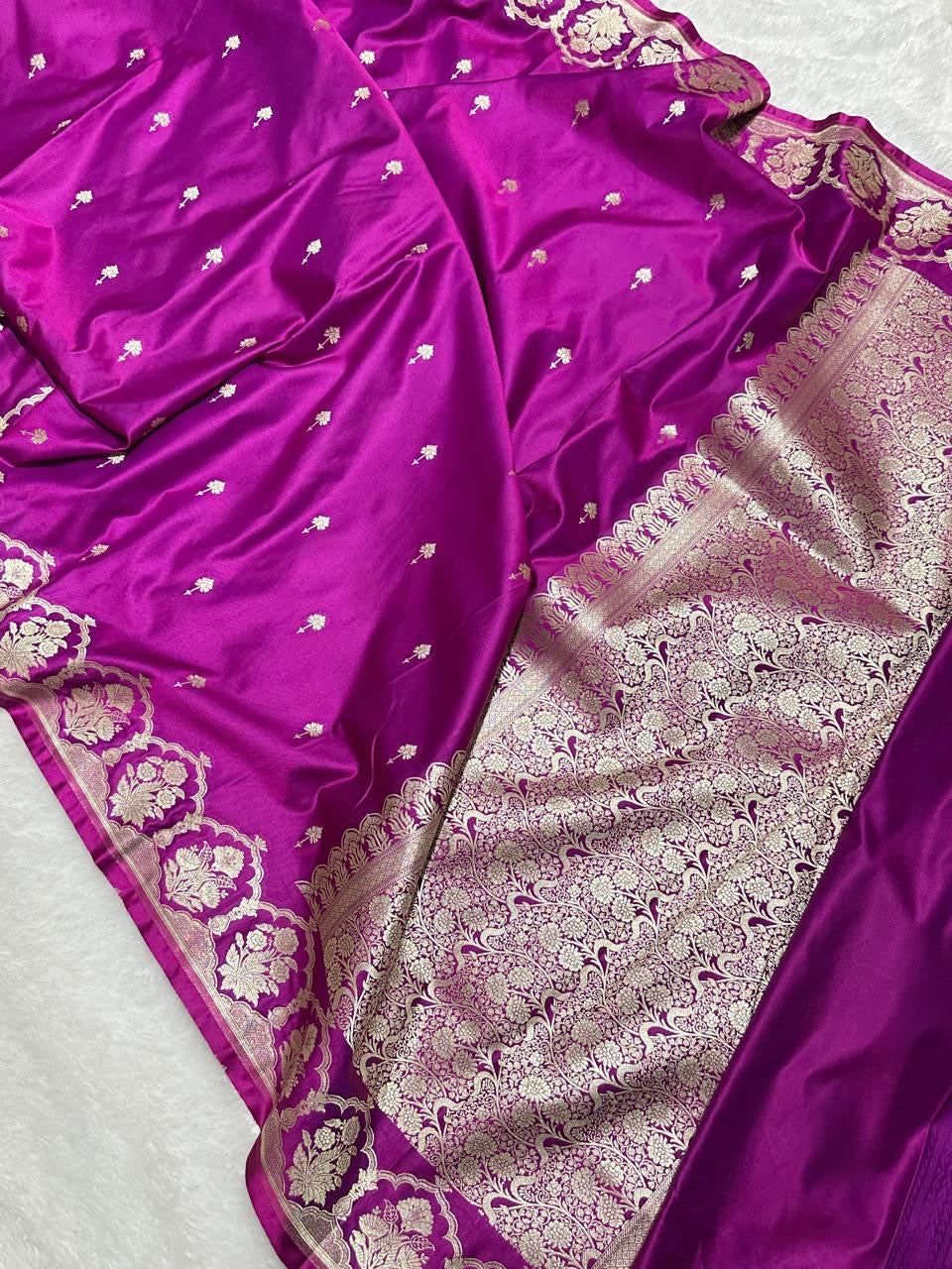 Purple Shade Mashru With Gold Buti Saree and with Grand Pallu