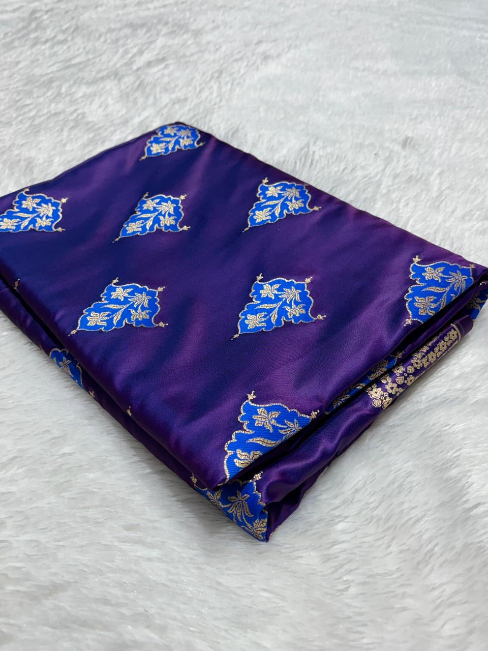 Purple with Gold and Blue floral patterns Mashru SIlk Banarasi Saree