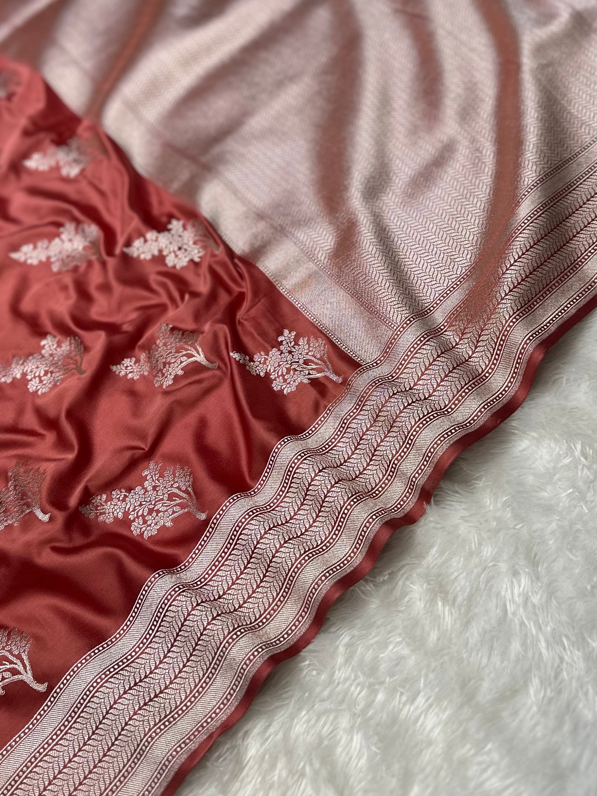 Dusty Rosewood Mashru Silk Buta Pattern Banarasi Saree
