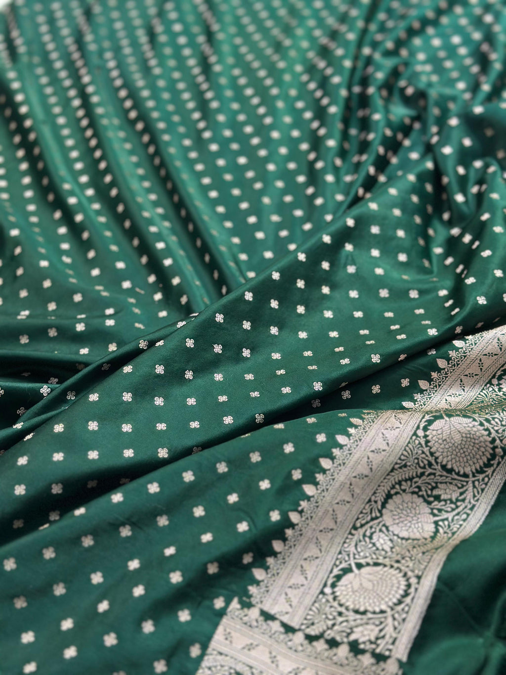 Bottle Green Mashru Silk Banarasi Saree Woven with Golden Zari
