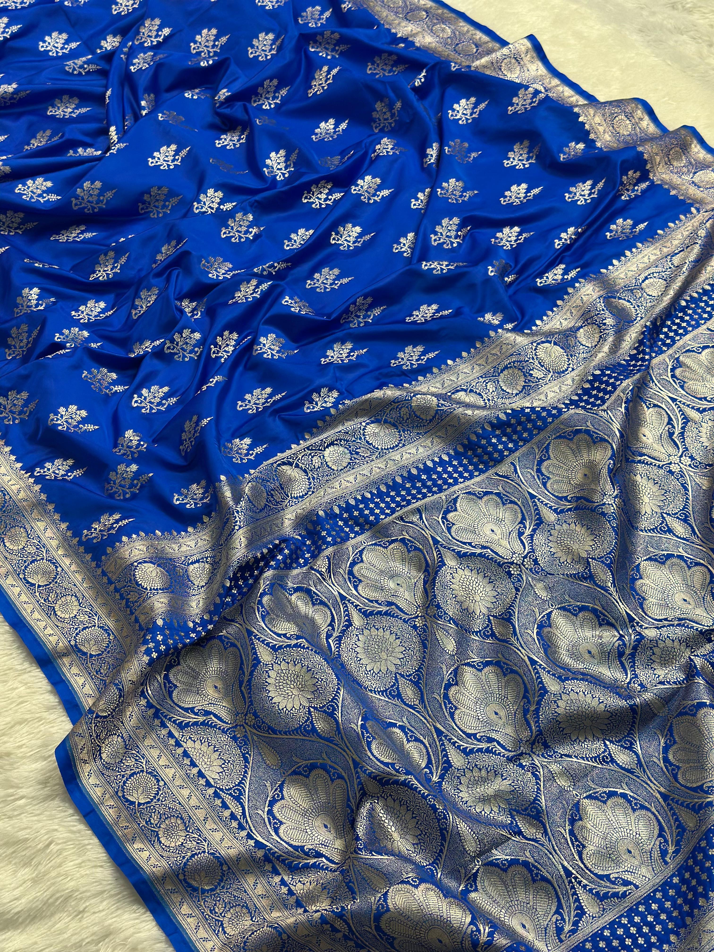 Royal Blue Mashru Silk Banarasi Saree Woven with Golden Zari