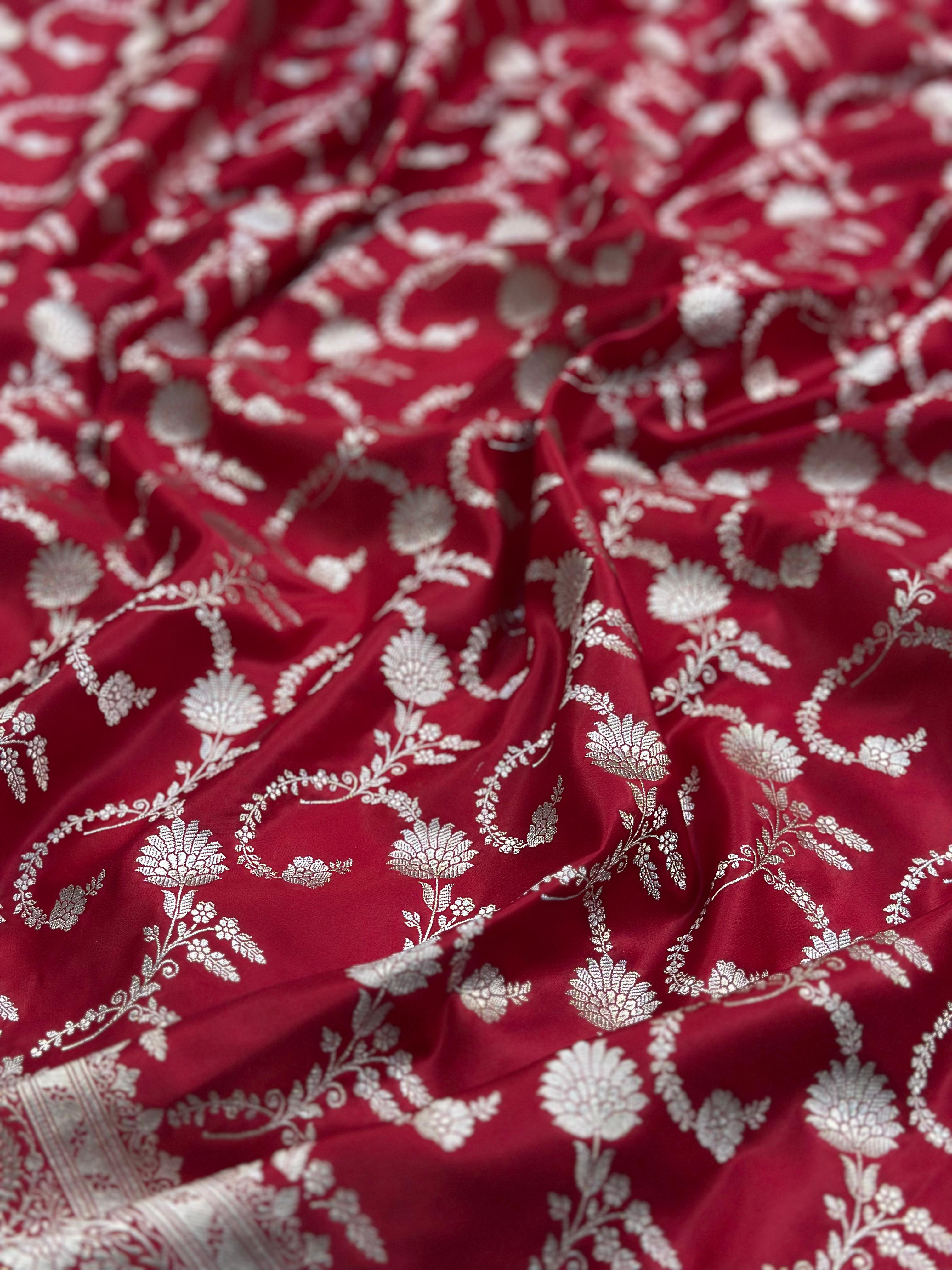 Red Mashru Silk Banarasi Saree Woven with Golden Zari