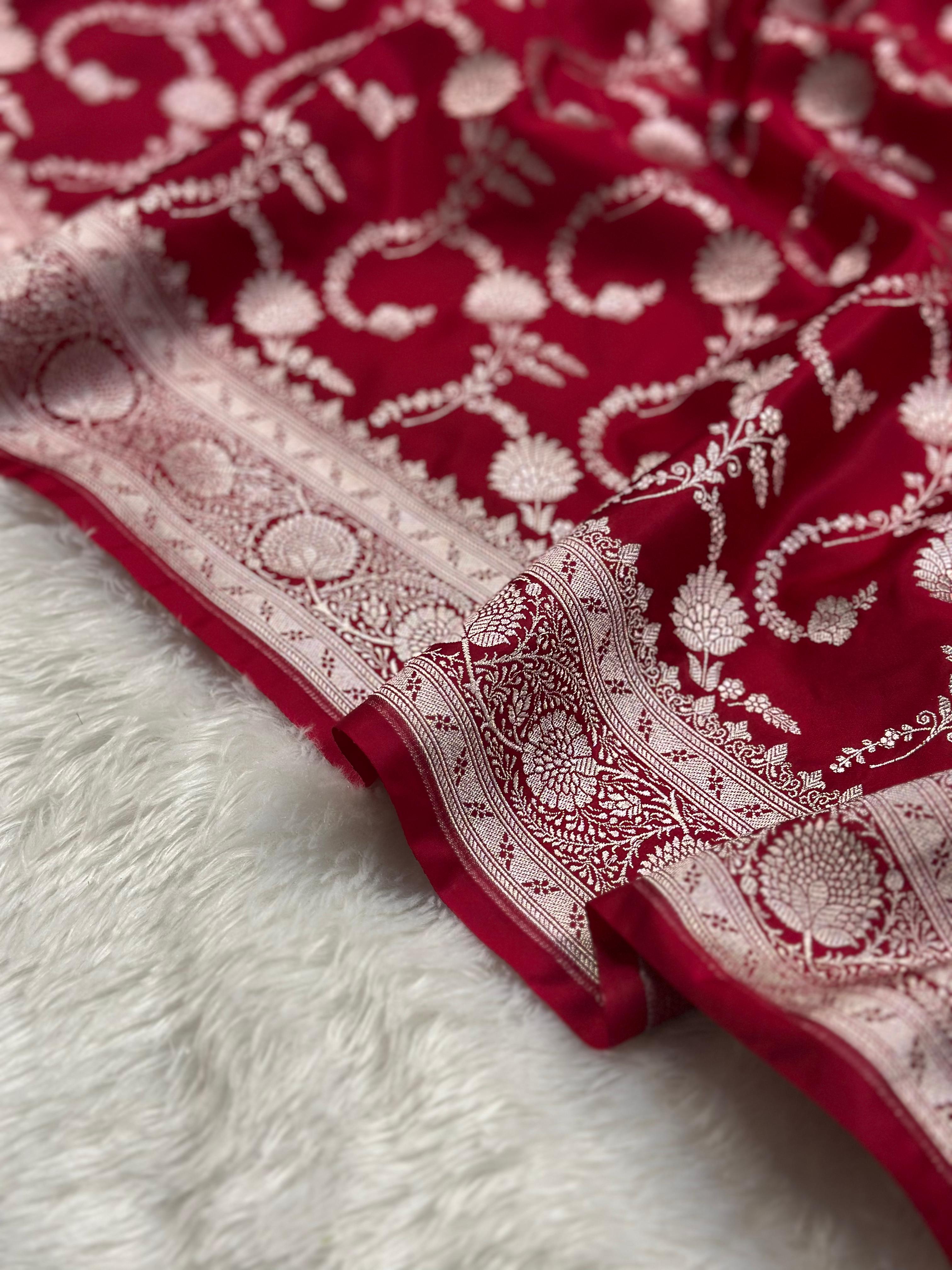 Red Mashru Silk Banarasi Saree Woven with Golden Zari