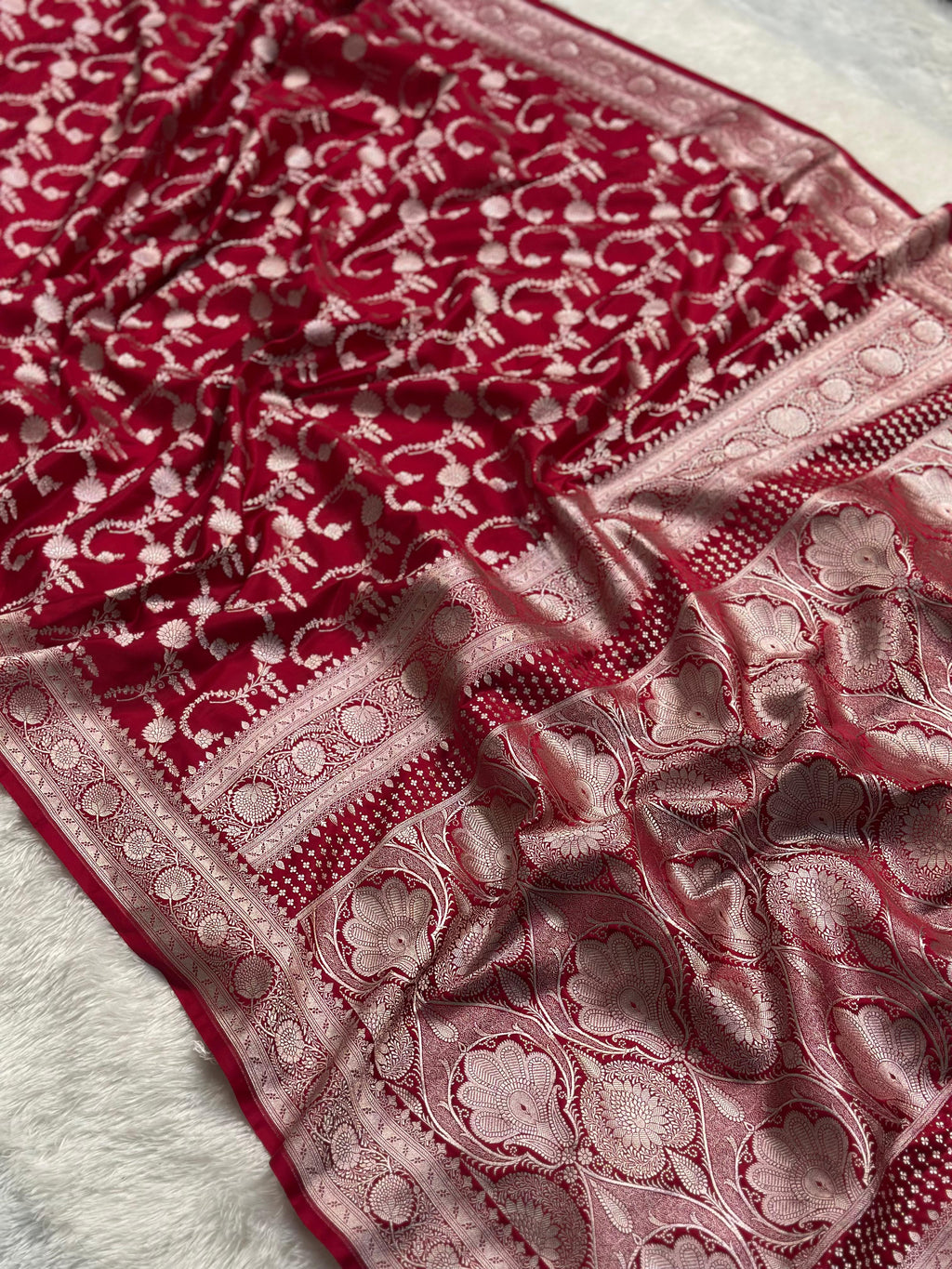 Red Mashru Silk Banarasi Saree Woven with Golden Zari