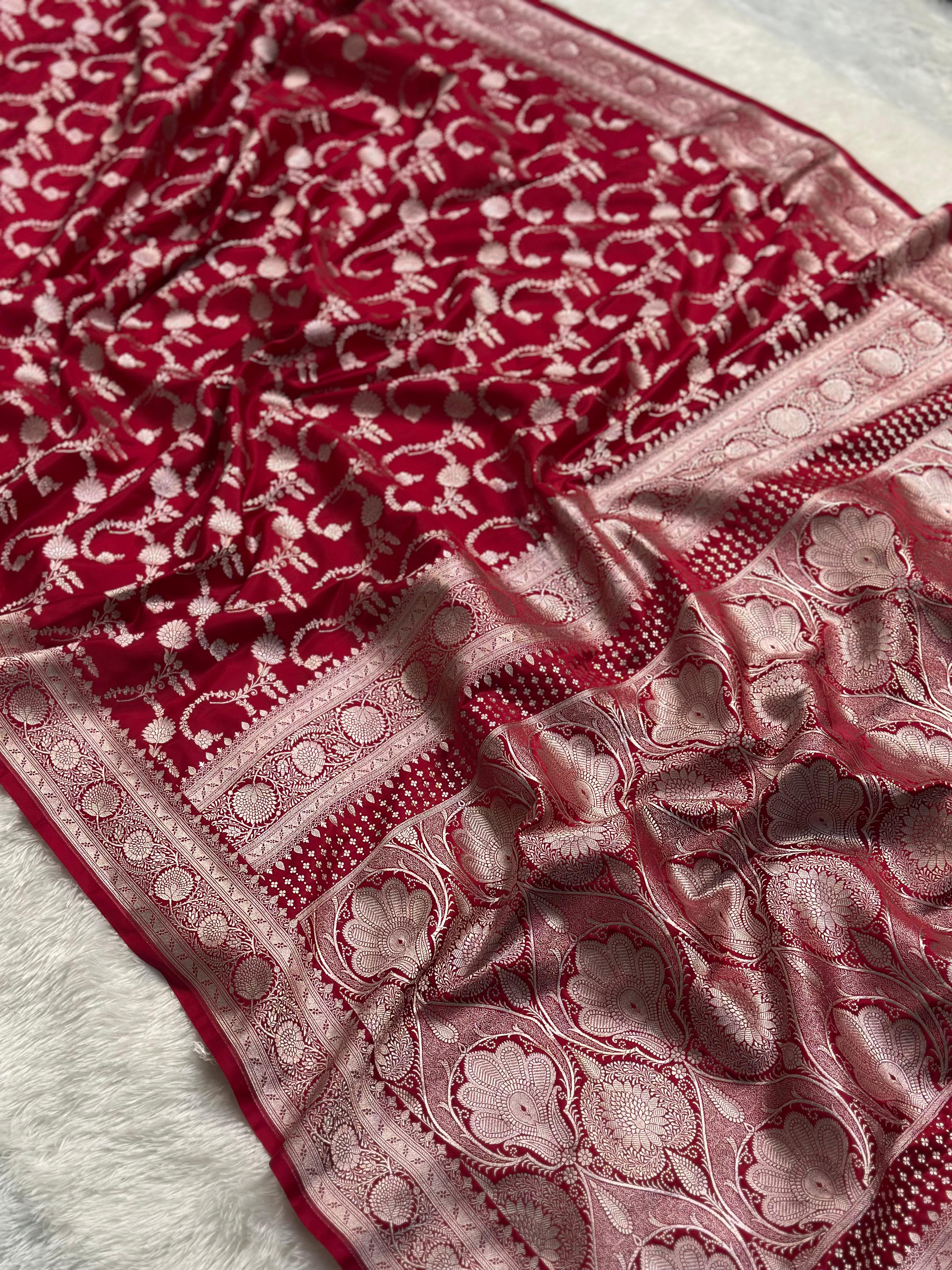 Red Mashru Silk Banarasi Saree Woven with Golden Zari