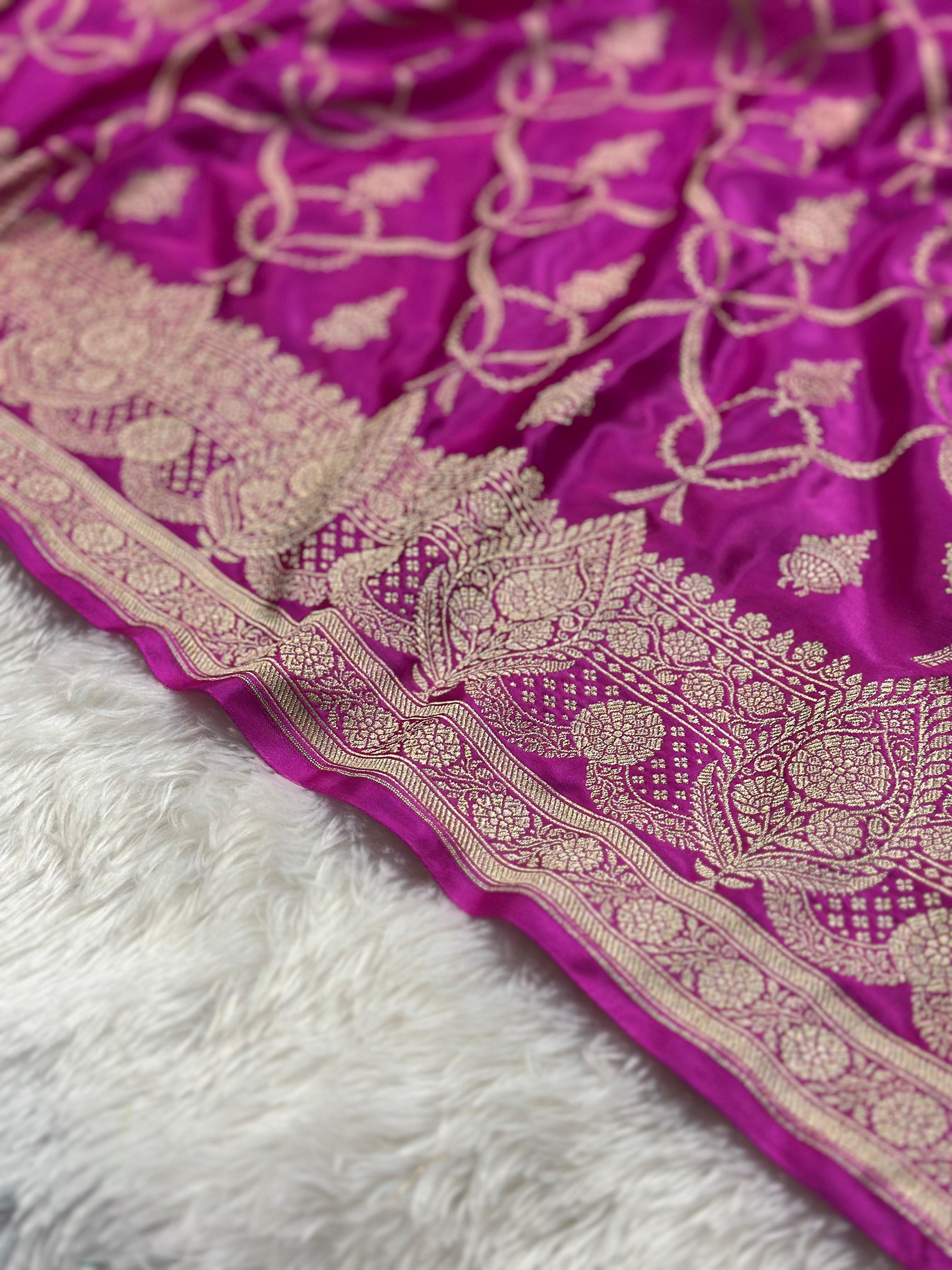 Magenta Mashru Silk Banarasi Saree Woven with Golden Zari