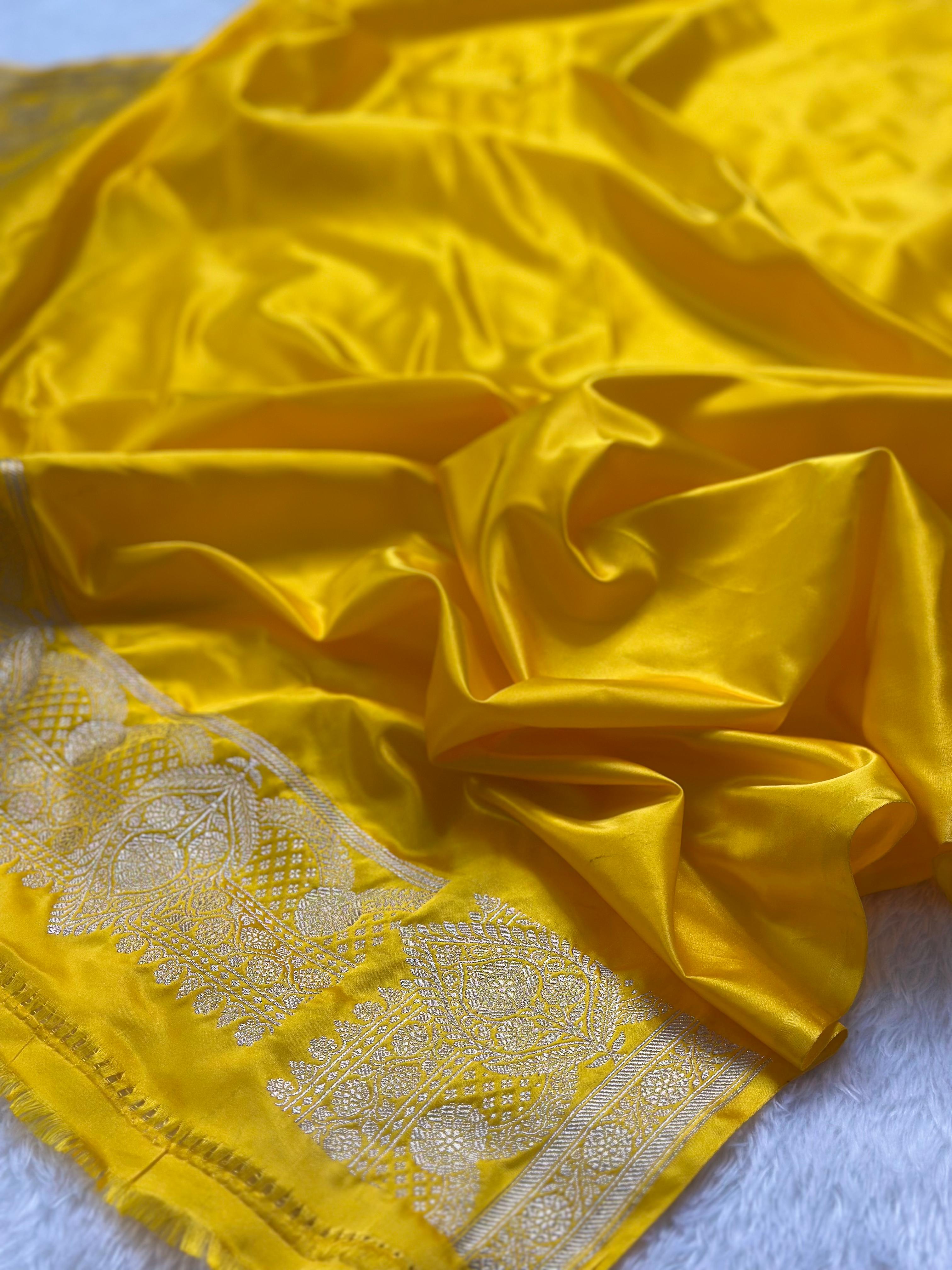 Yellow Mashru Silk Banarasi Saree Woven with Golden Zari