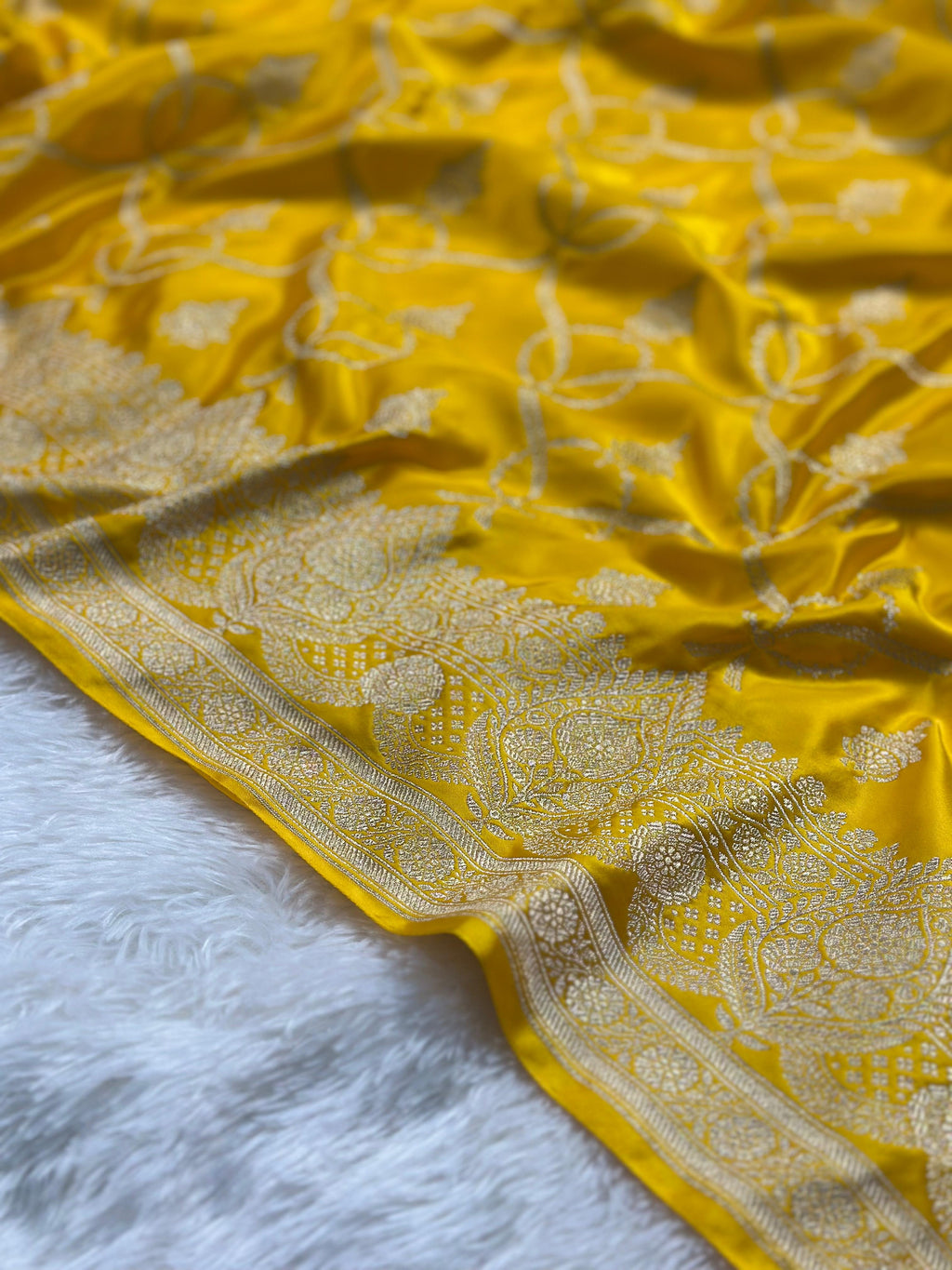 Yellow Mashru Silk Banarasi Saree Woven with Golden Zari