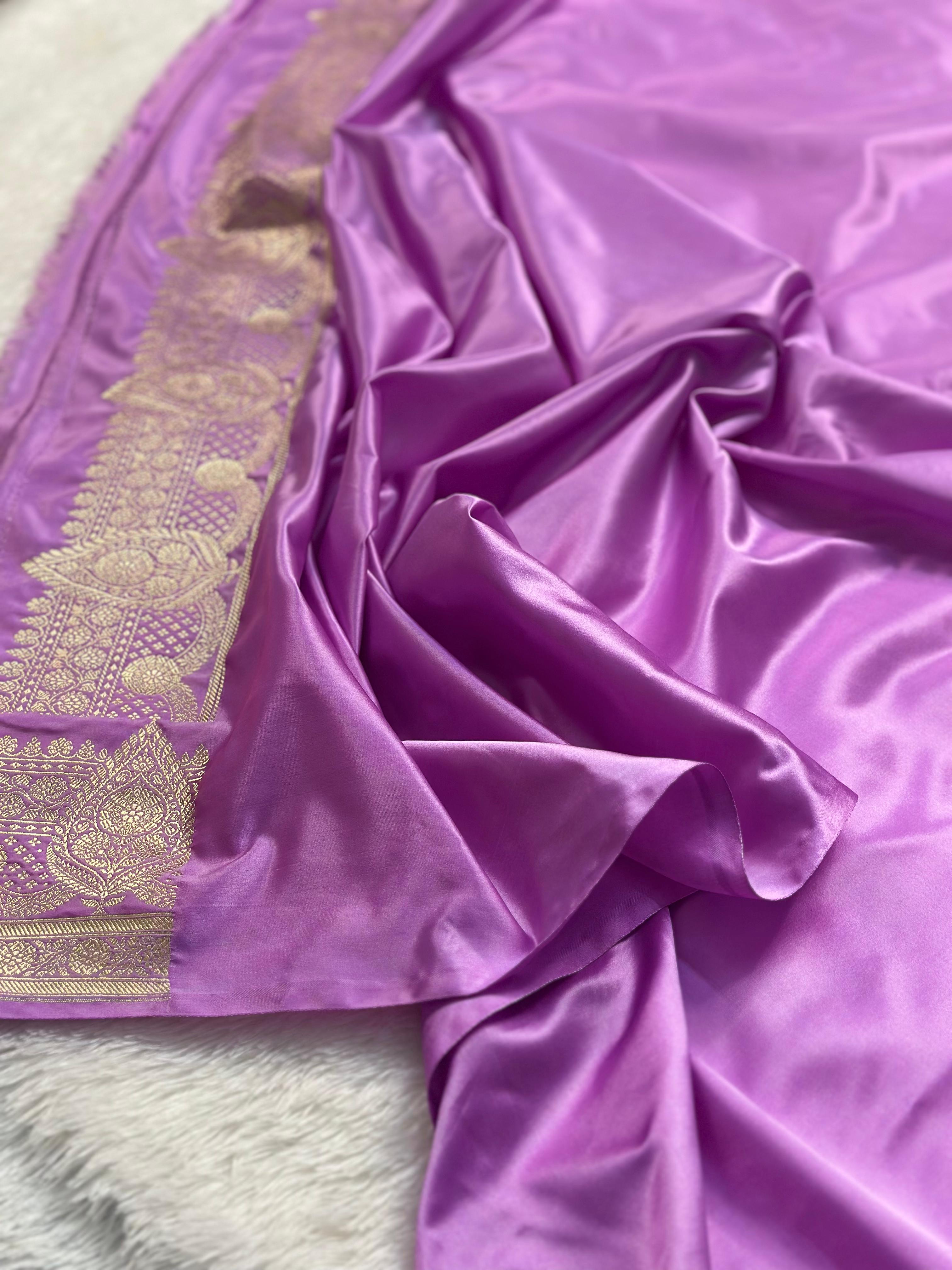 Lavender Mashru Silk Banarasi Saree Woven with Golden Zari