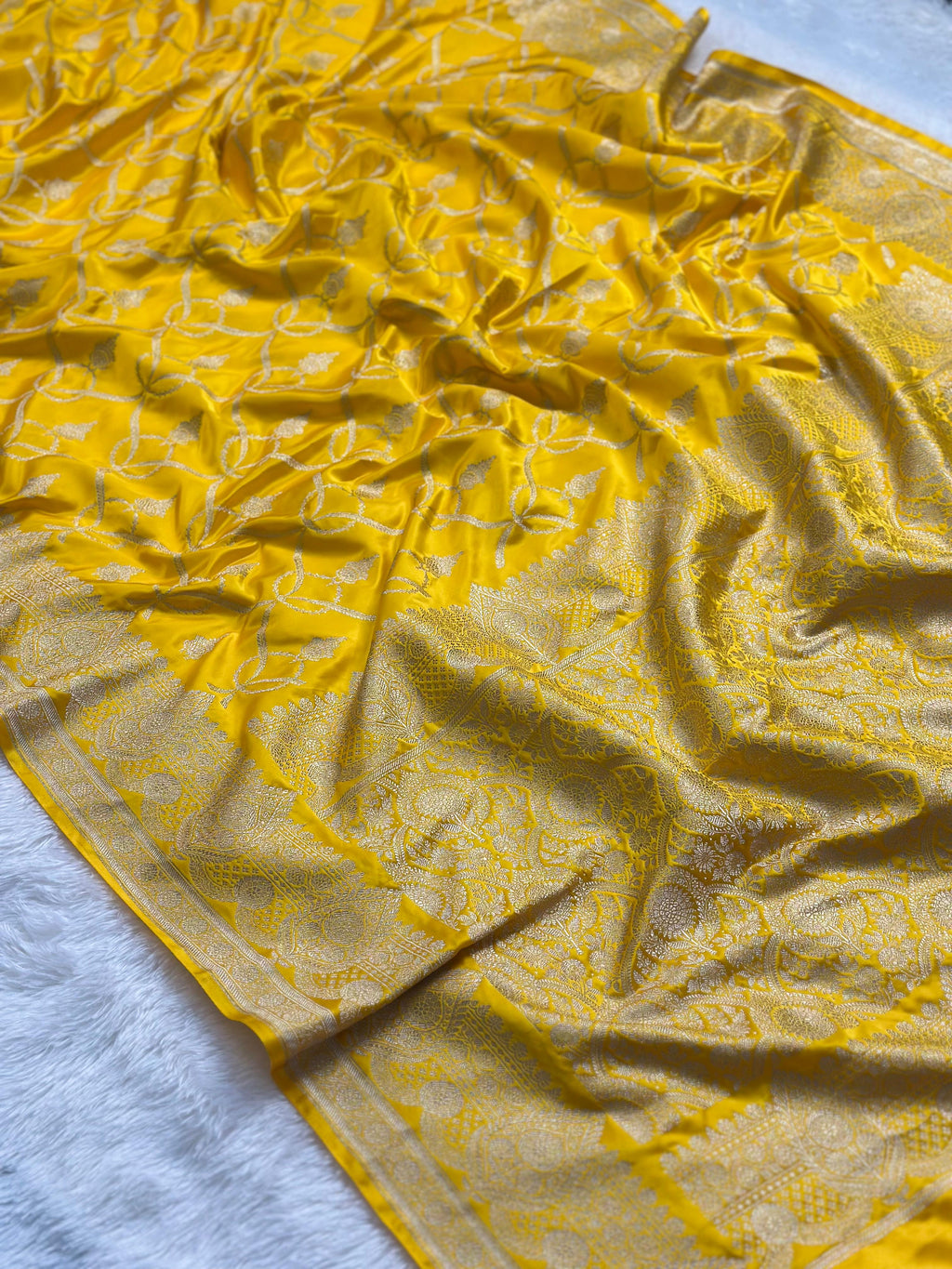 Yellow Mashru Silk Banarasi Saree Woven with Golden Zari