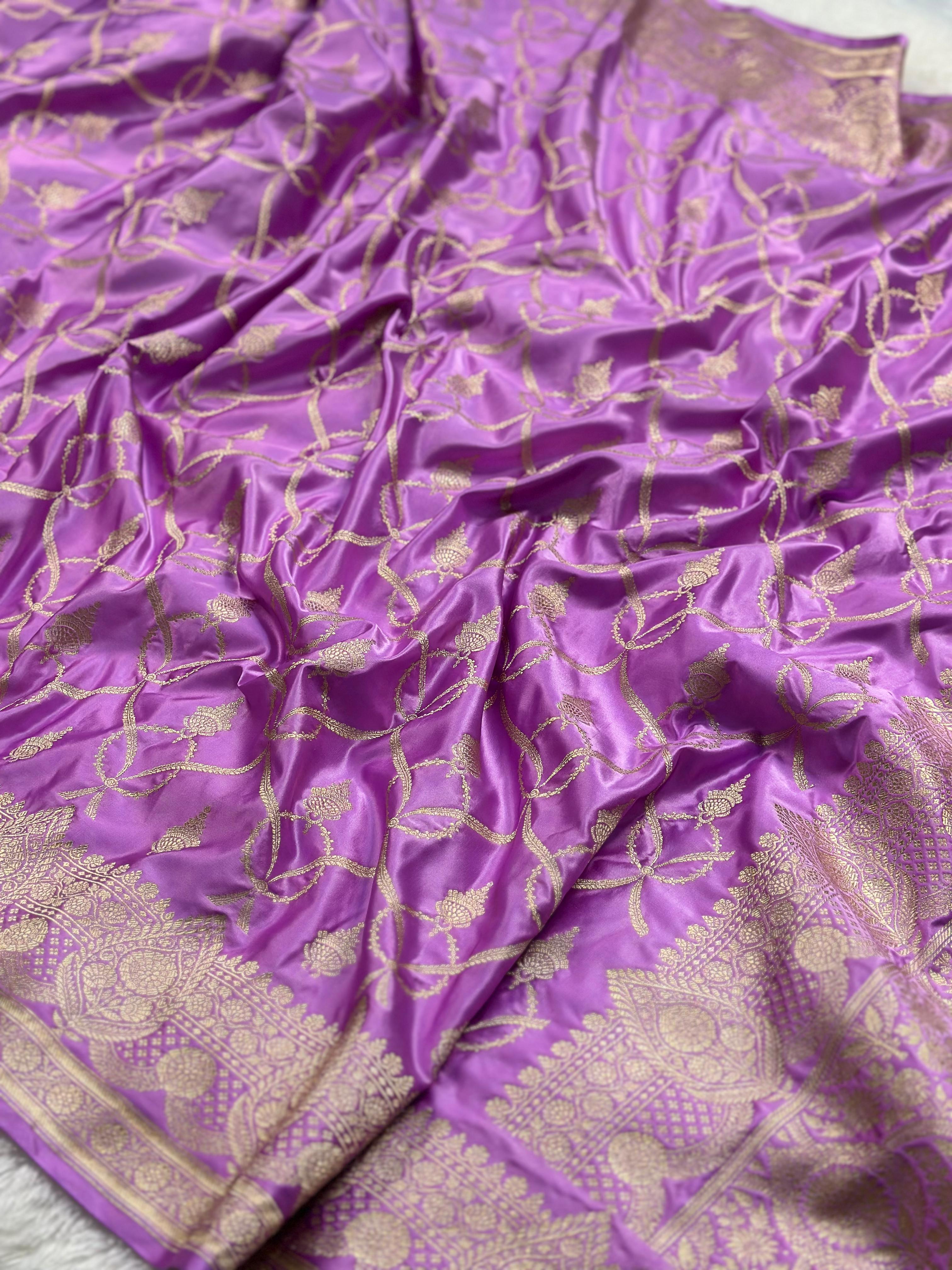 Lavender Mashru Silk Banarasi Saree Woven with Golden Zari