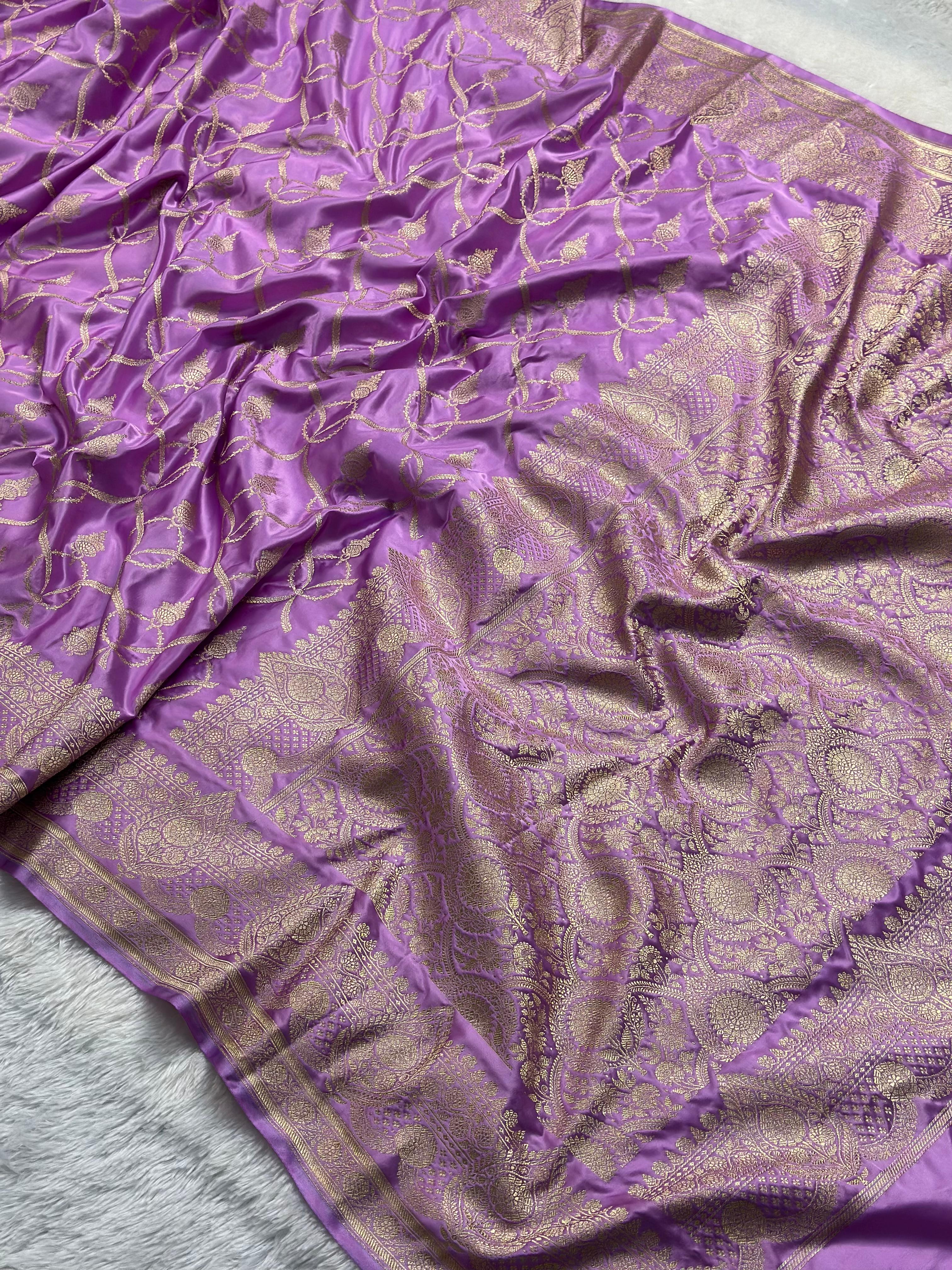 Lavender Mashru Silk Banarasi Saree Woven with Golden Zari