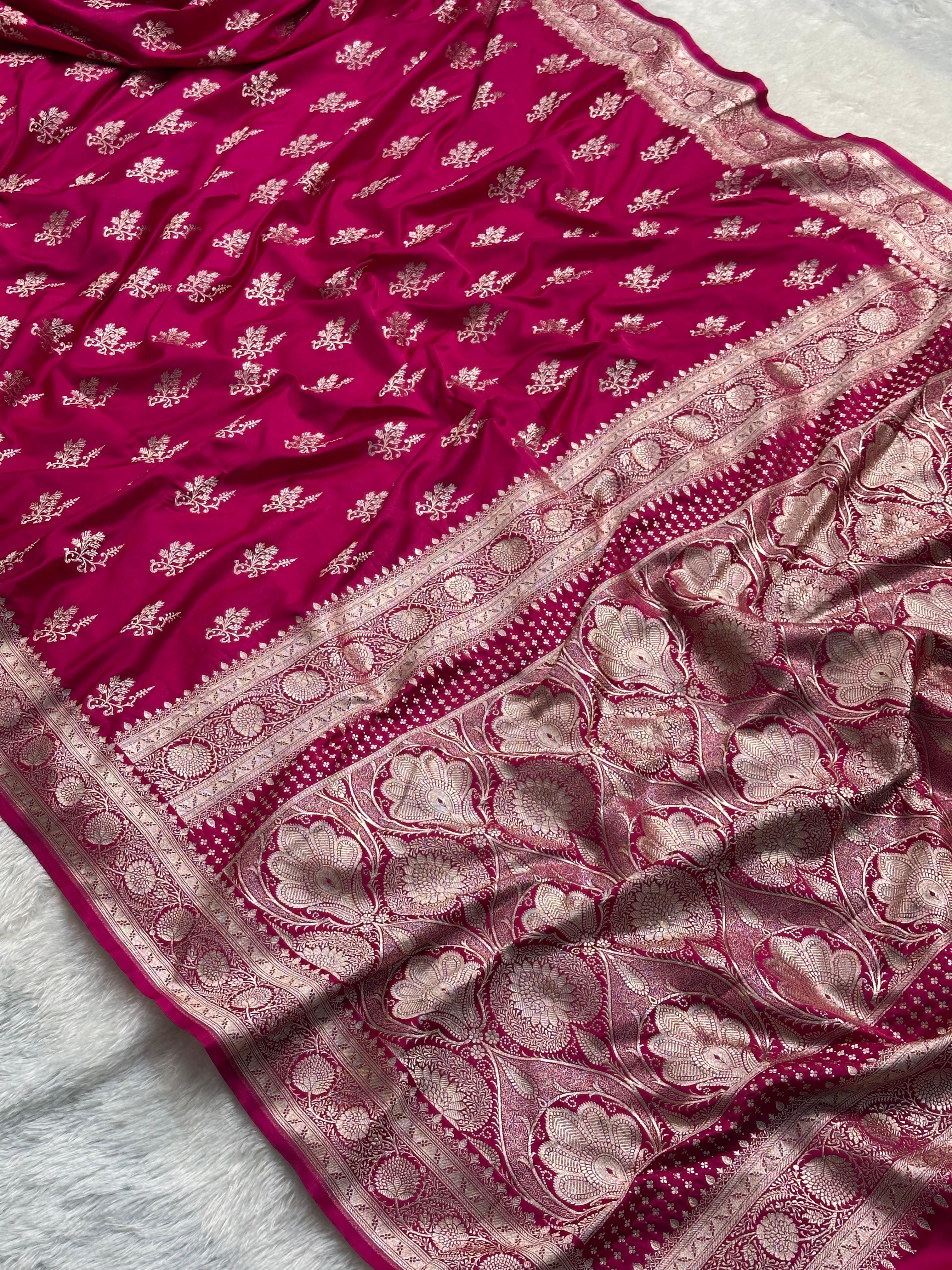 Magenta Mashru Silk Banarasi Saree Woven with Golden Zari