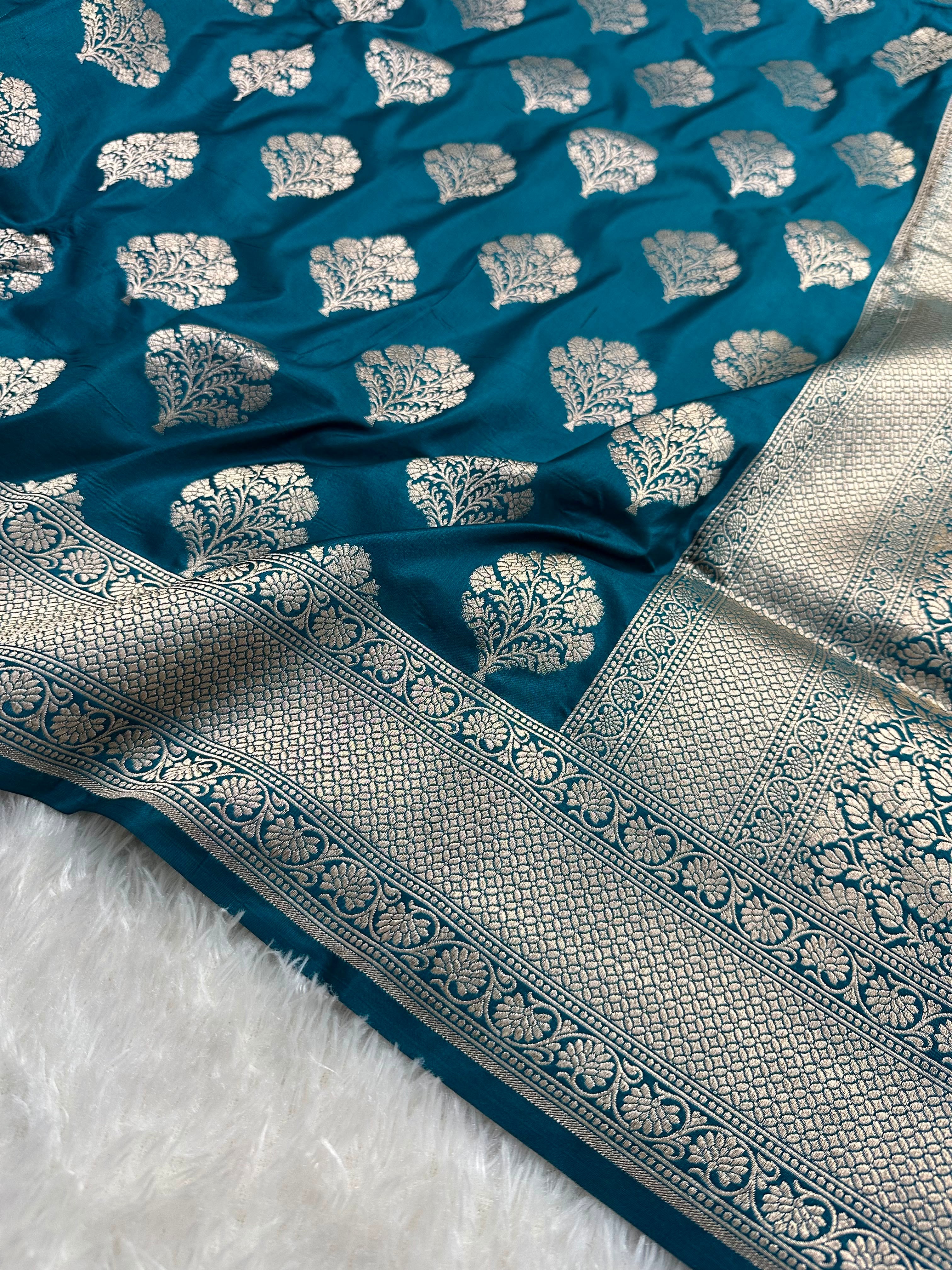 Teal Blue Pure Katan Silk Buti Banarasi Saree