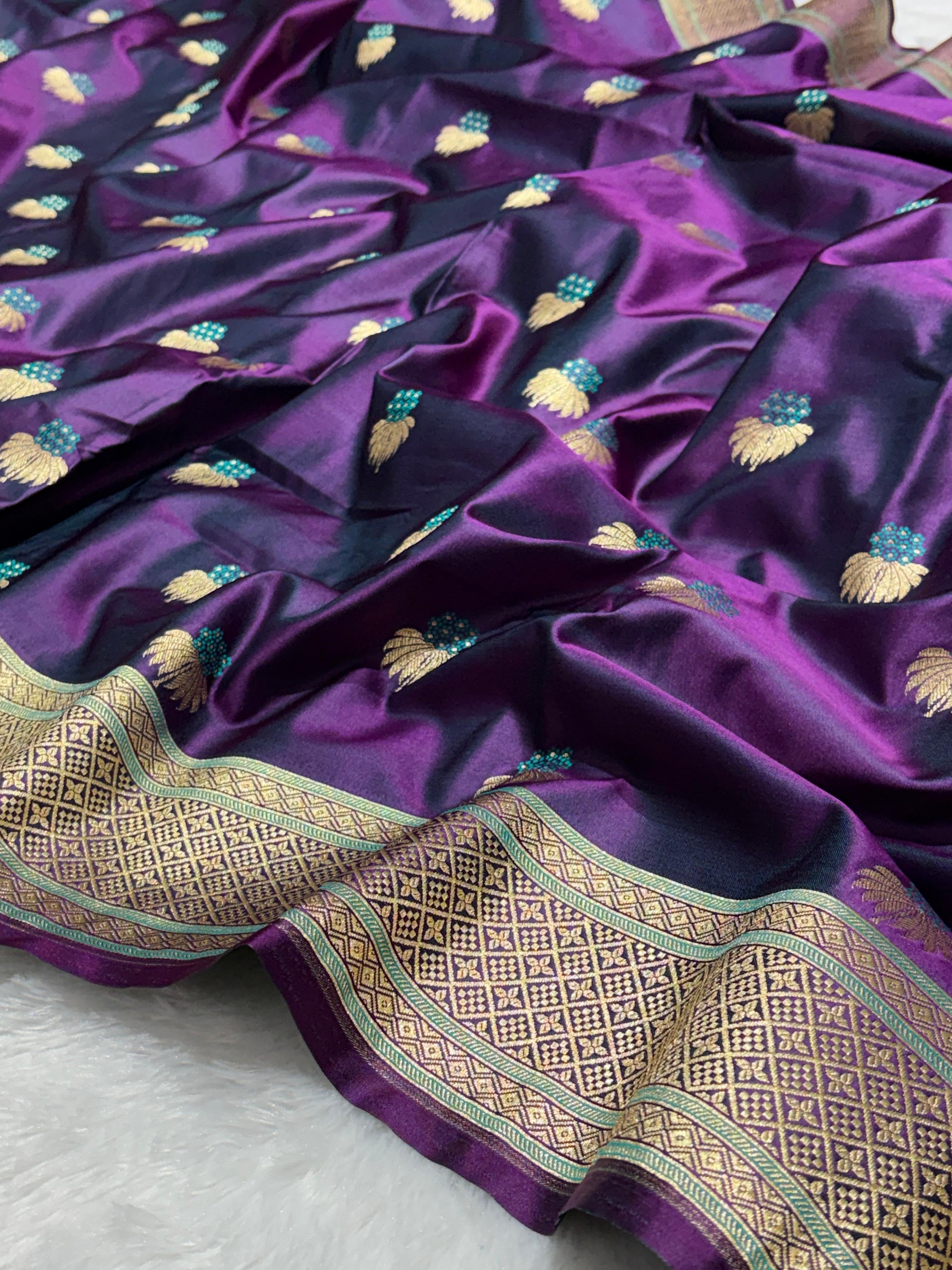 Purple saree with Gold Border and and Meena Buta in Intricate Patterns Mashru Silk Saree