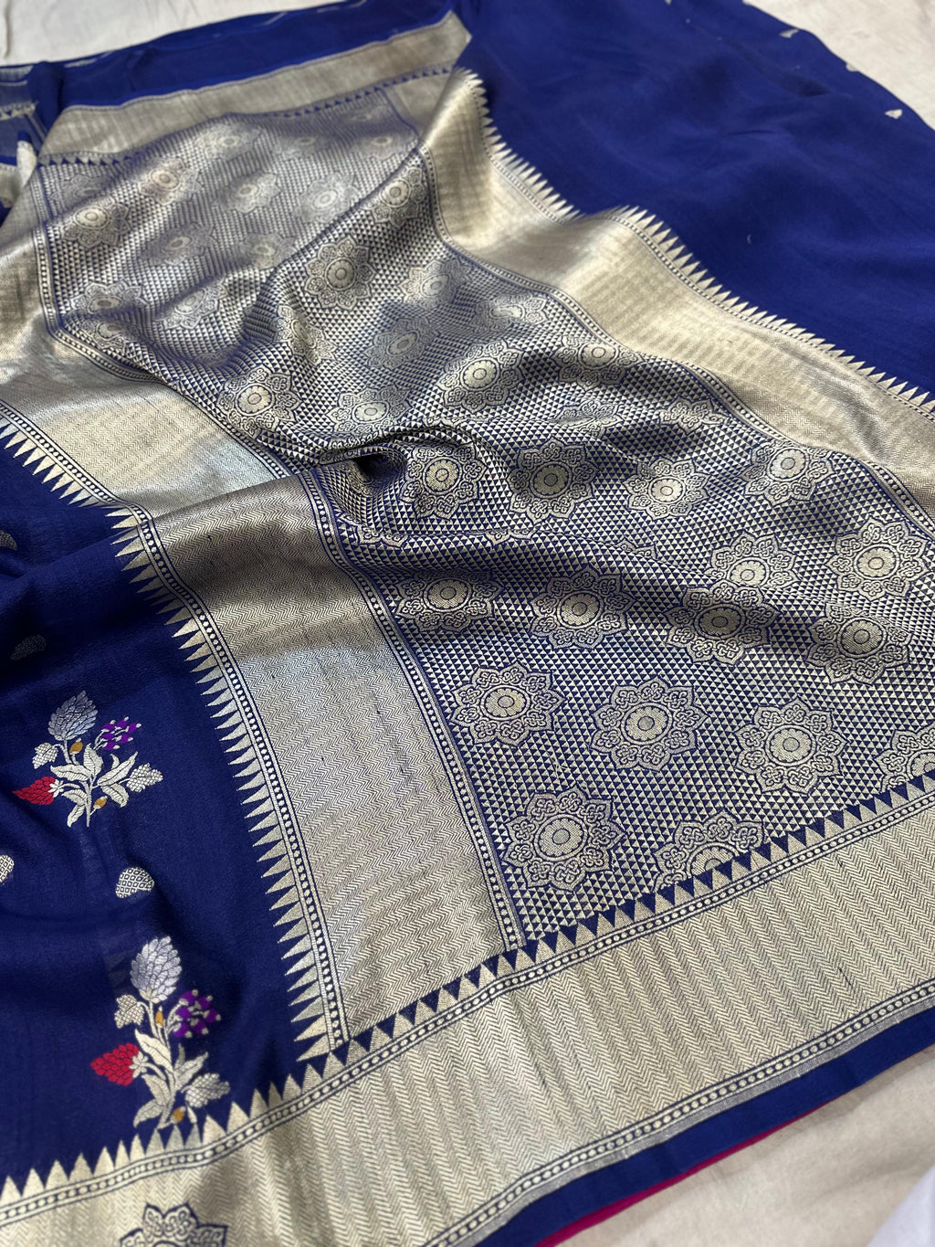 Pure Desi Tussar Navy Blue Meenakari Jangla Pattern