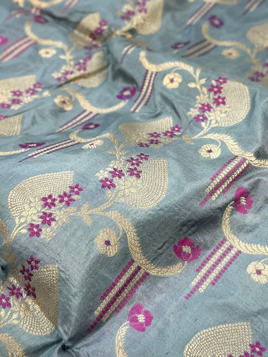 Powder Blue Pure Banarasi Silk Saree – Meenakari Jaal | Authentic Banaras