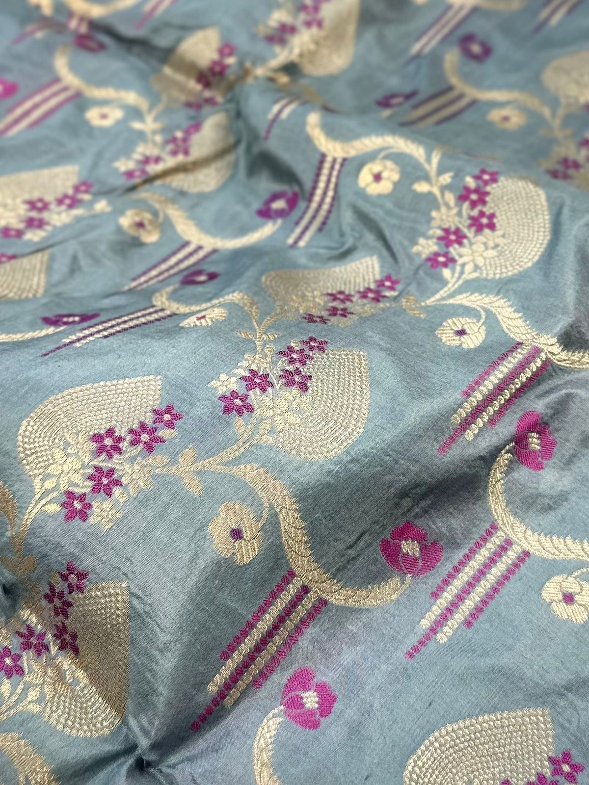 Powder Blue Pure Banarasi Silk Saree – Meenakari Jaal | Authentic Banaras