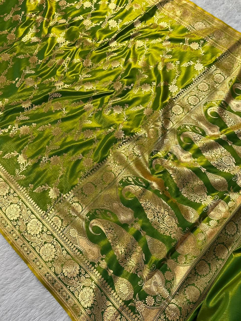 Lemon Green Satin Silk Banarasi Saree