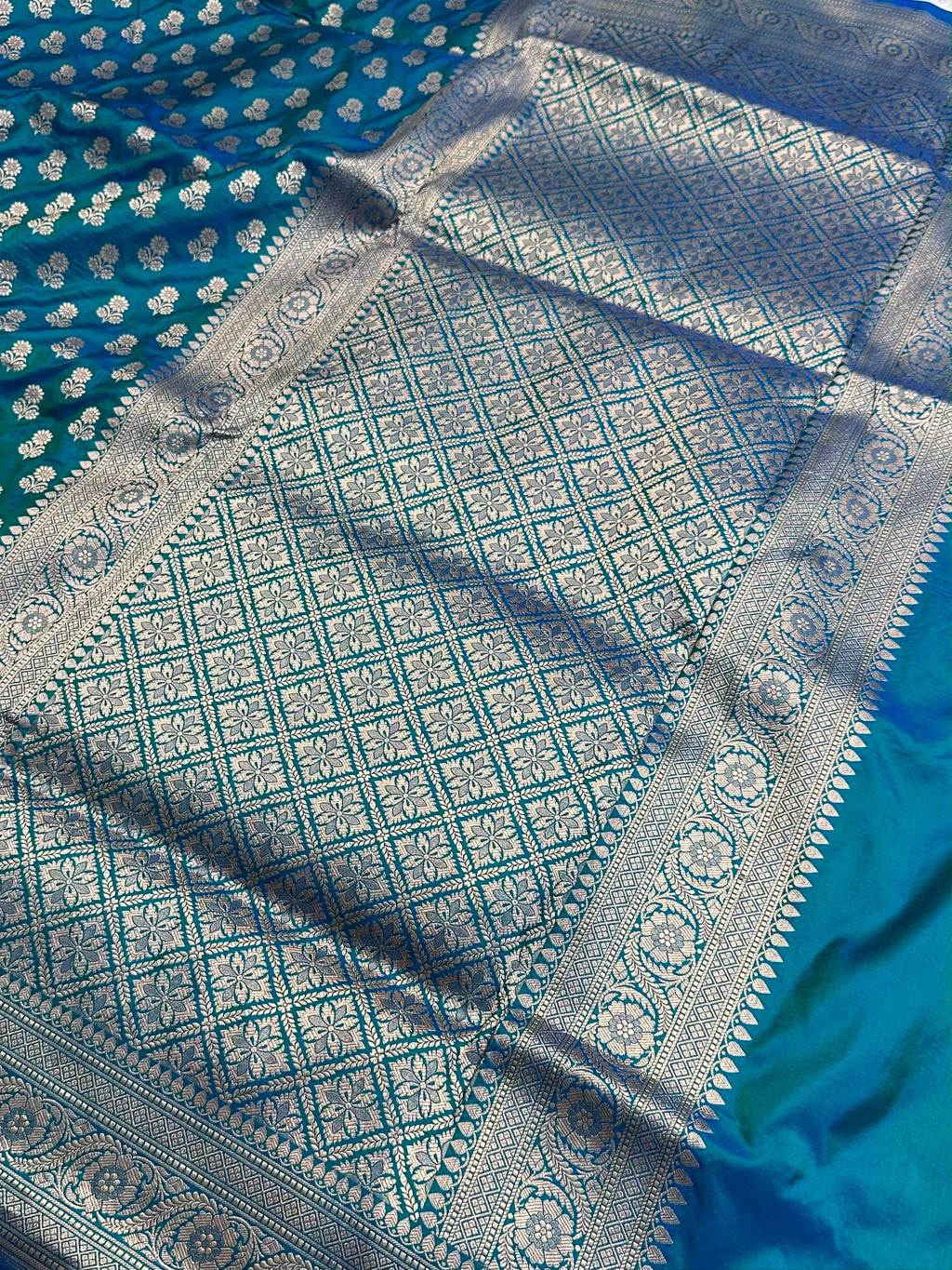 Teal Blue Pure Katan Silk Buti Banarasi Saree
