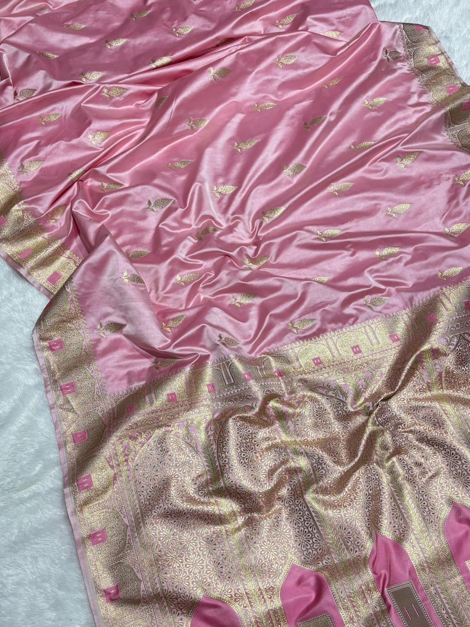 Baby Pink Leaf Buta Mashru Silk Banarasi Saree