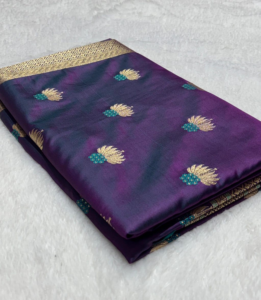 Purple saree with Gold Border and and Meena Buta in Intricate Patterns Mashru Silk Saree