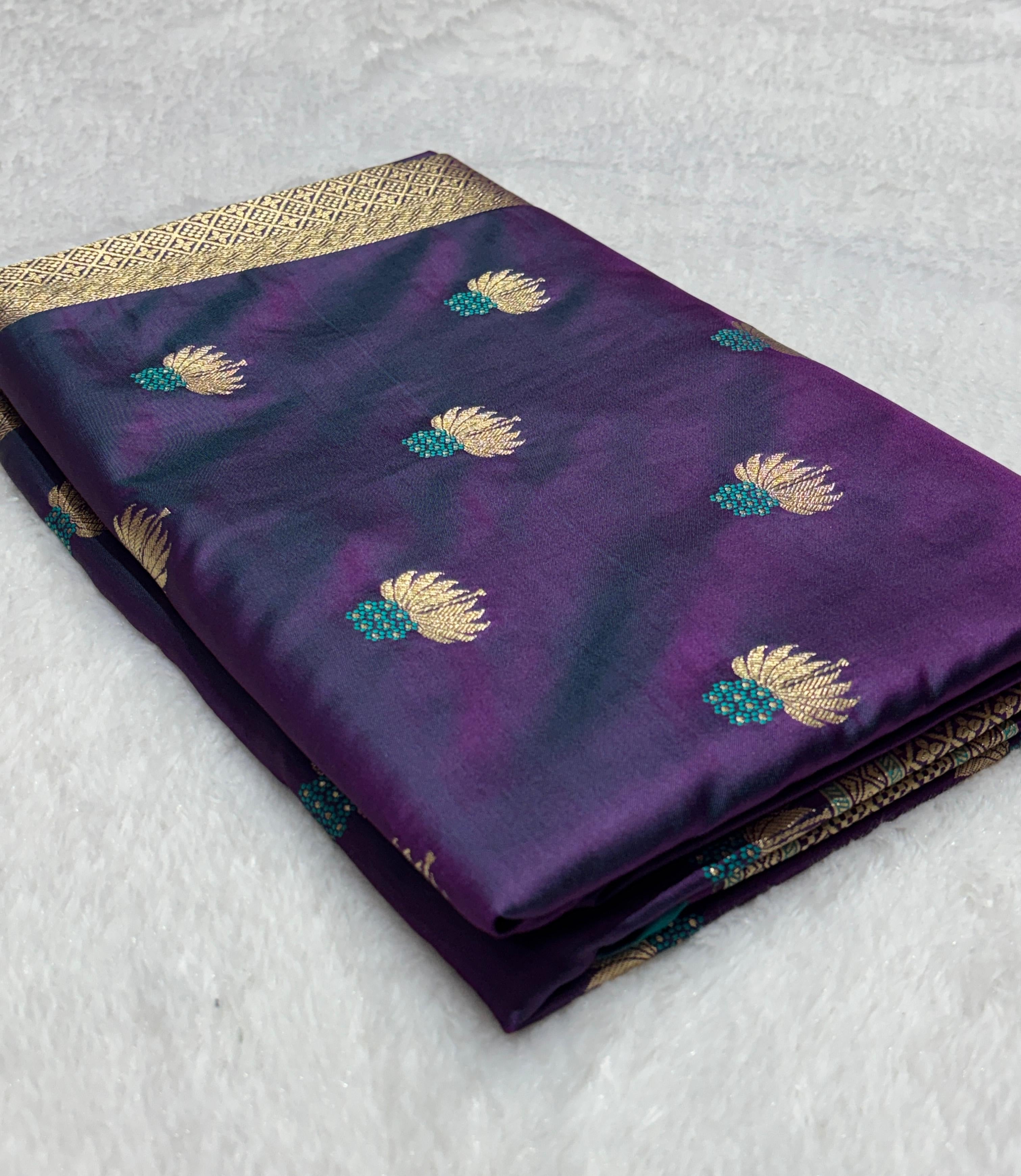 Purple saree with Gold Border and and Meena Buta in Intricate Patterns Mashru Silk Saree