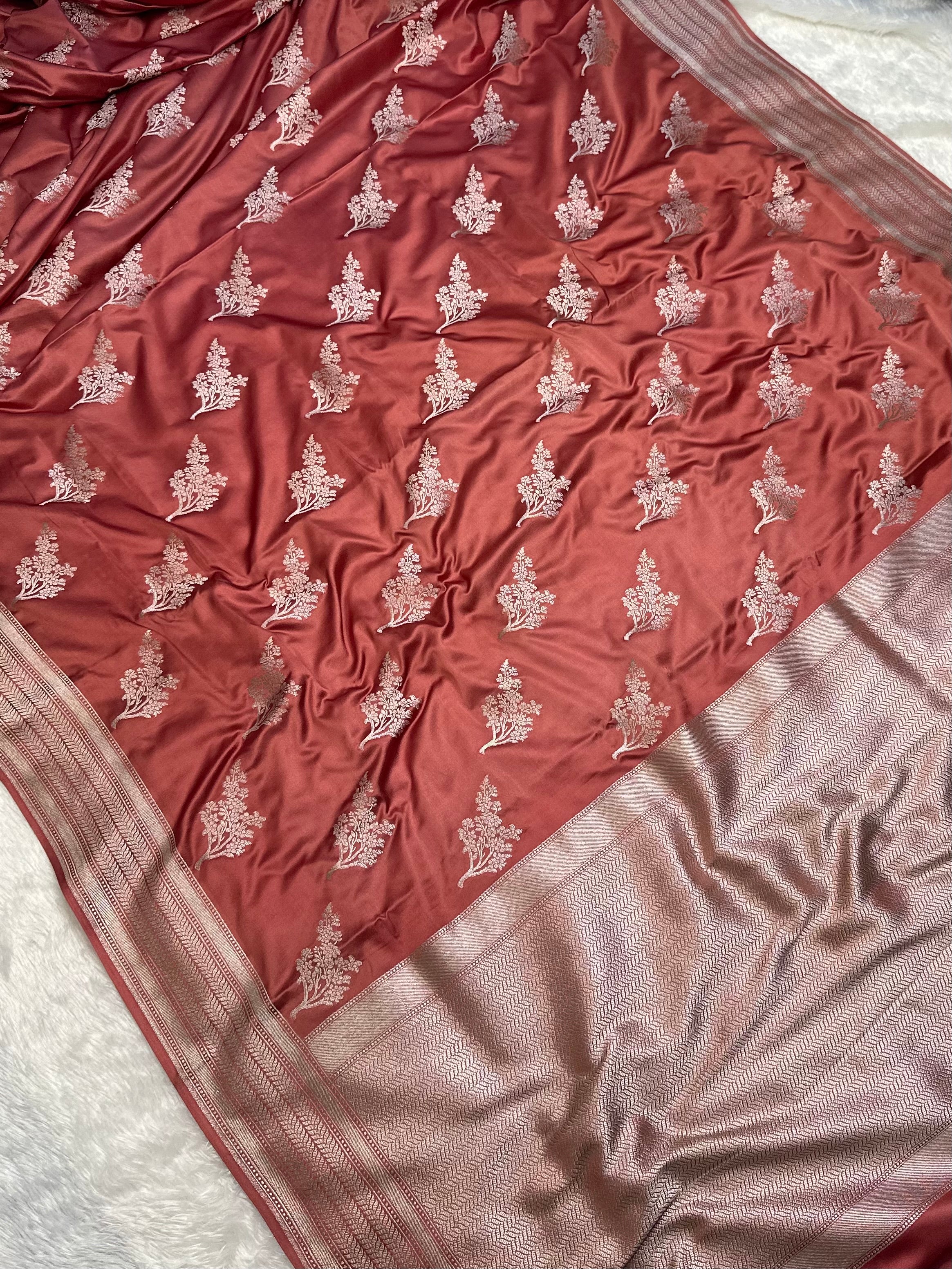 Dusty Rosewood Mashru Silk Buta Pattern Banarasi Saree