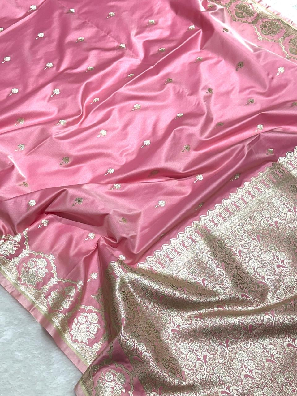 Baby Pink Shade Mashru With Gold Buti Saree and with Grand Pallu