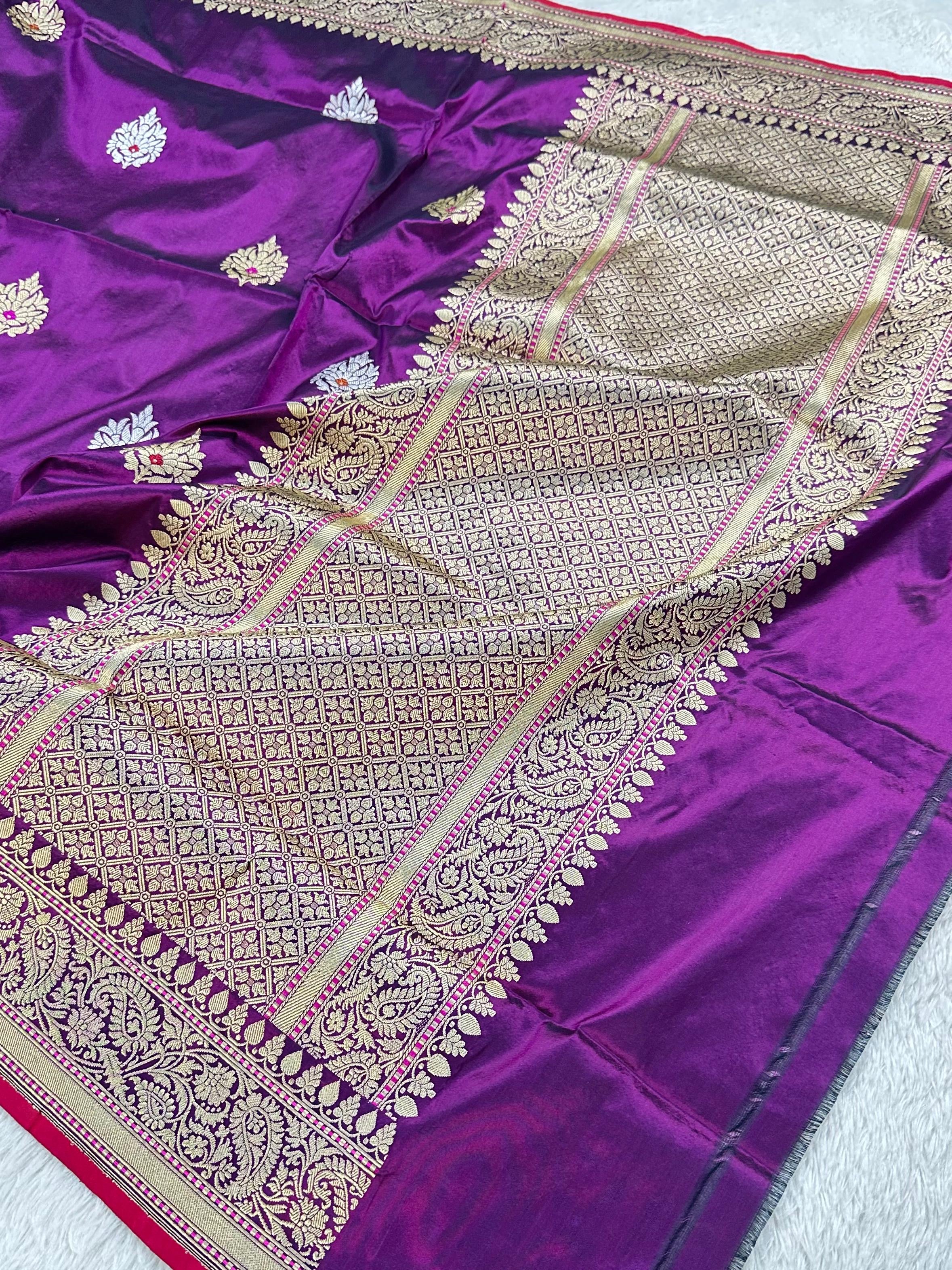 Purple Handwoven Vintage Pure Banarasi Katan Silk Saree – Kadua Weave, Pure Katan Silk