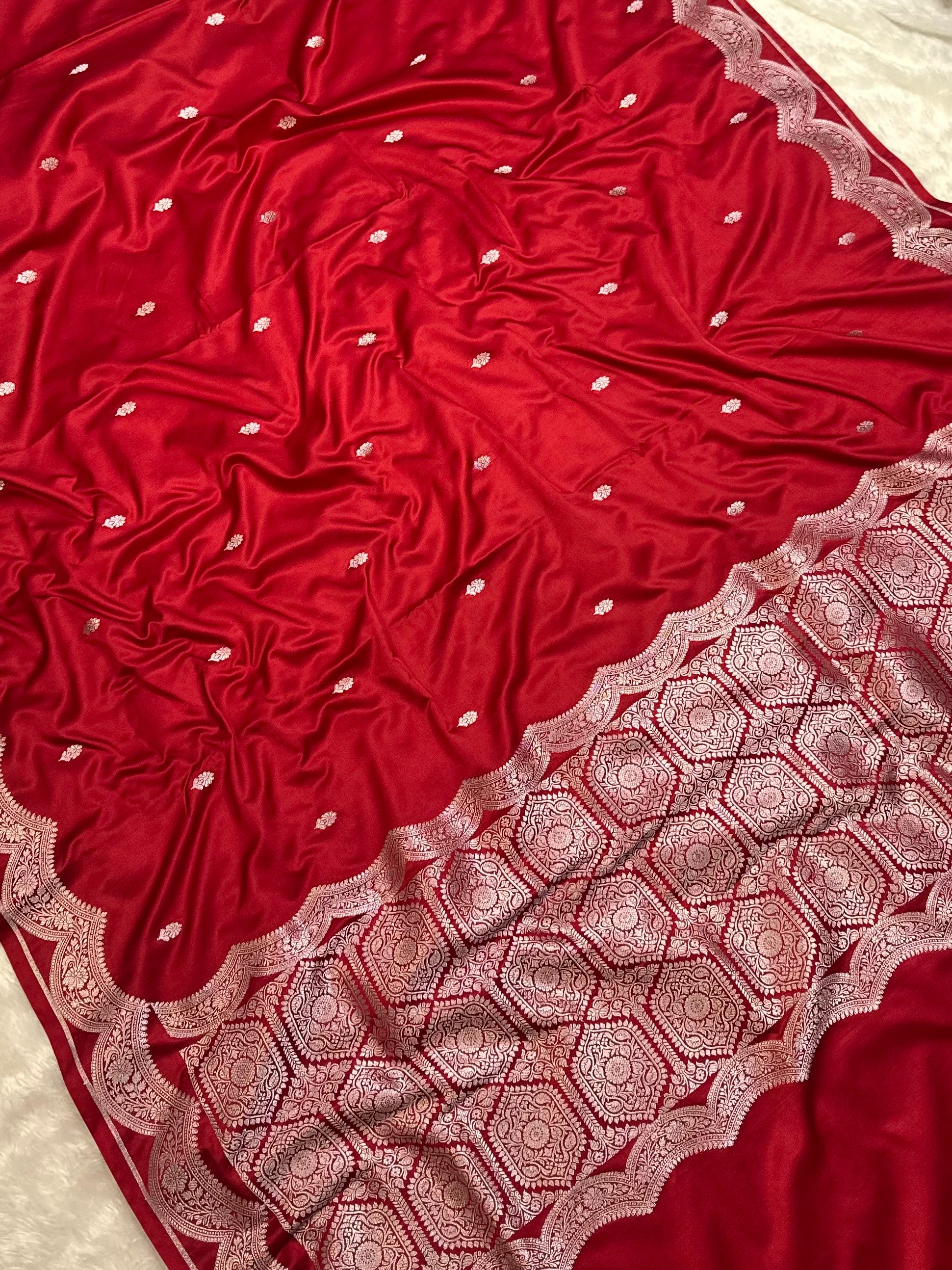 Bridal Red Mashru SilkBanarasi Saree in Buta pattern