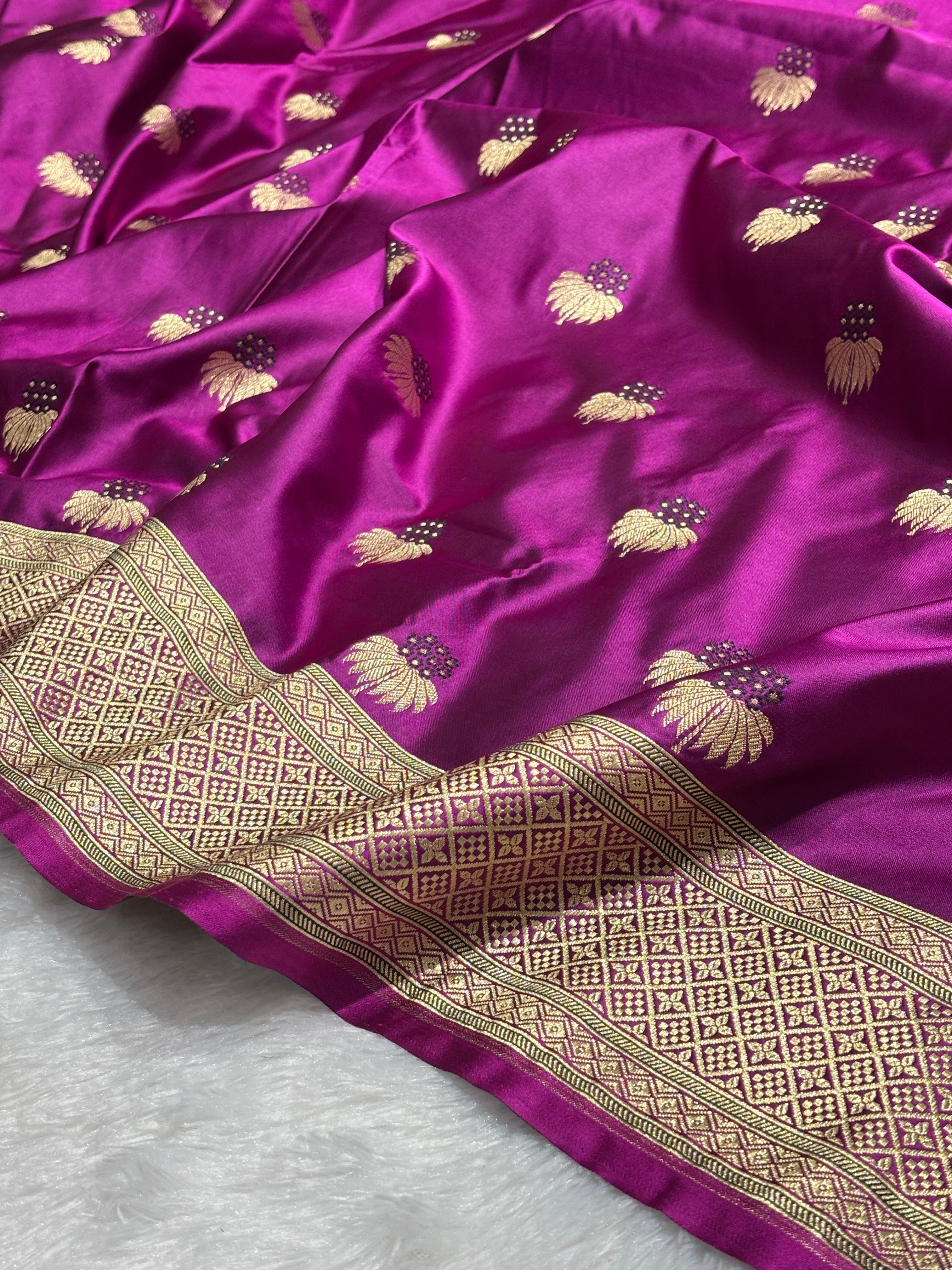 Mesmerising Magenta Color Mashru silk Saree with Gold Border and and Meena Buta in Intricate Patterns