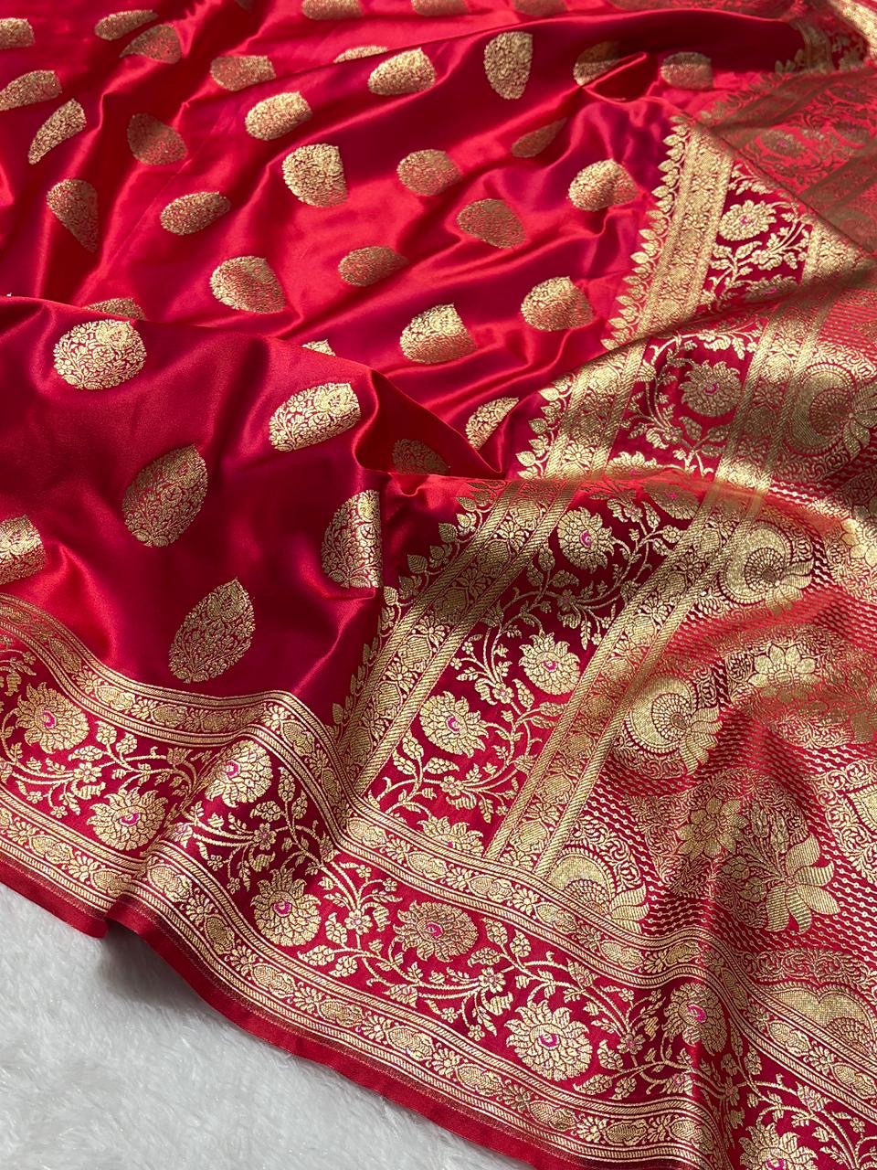 Bridal Red Banarasi Buta Mashru Silk Saree