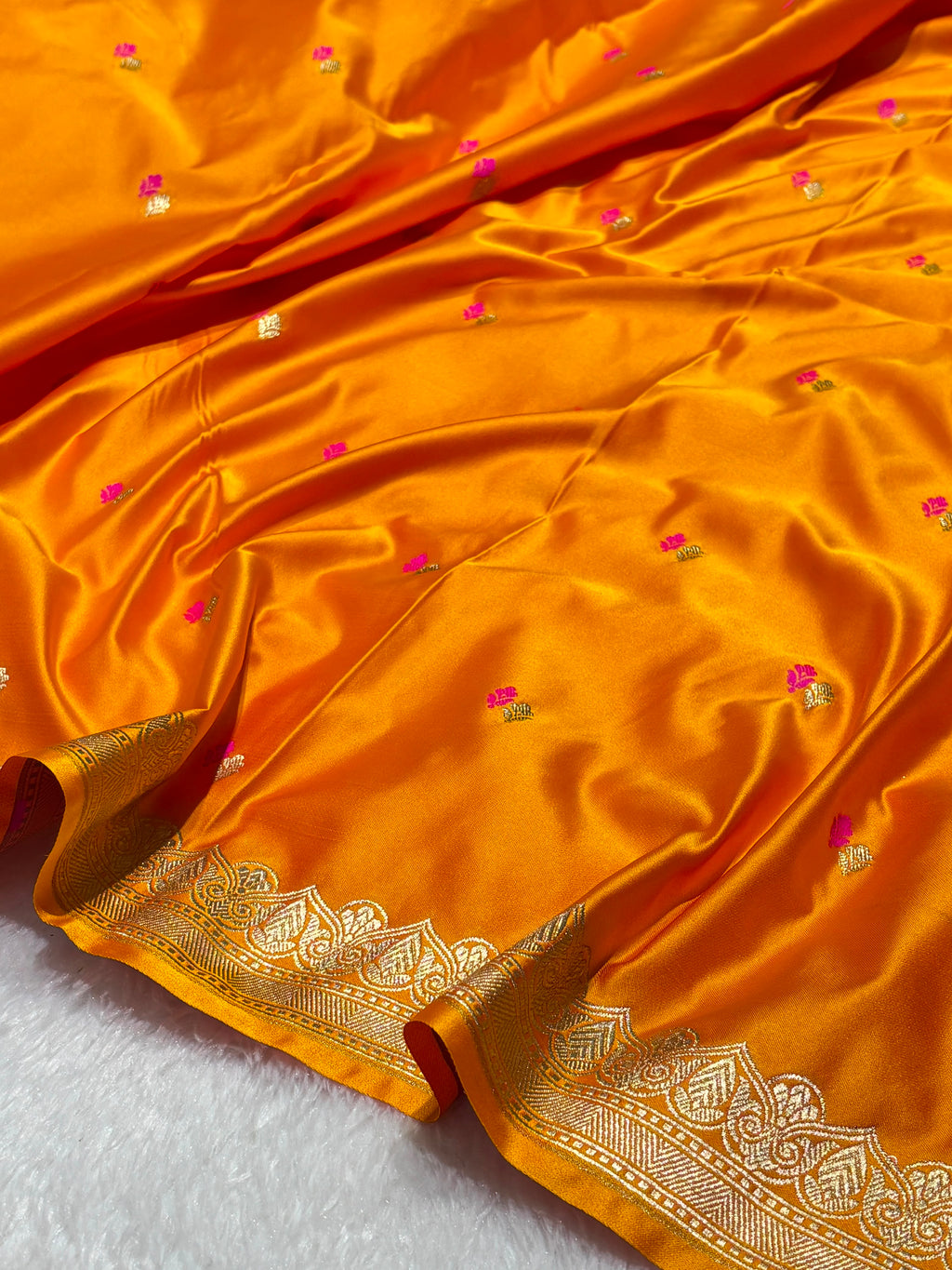 Dot Buta Saffron Orange Mashru Silk Banarasi Saree