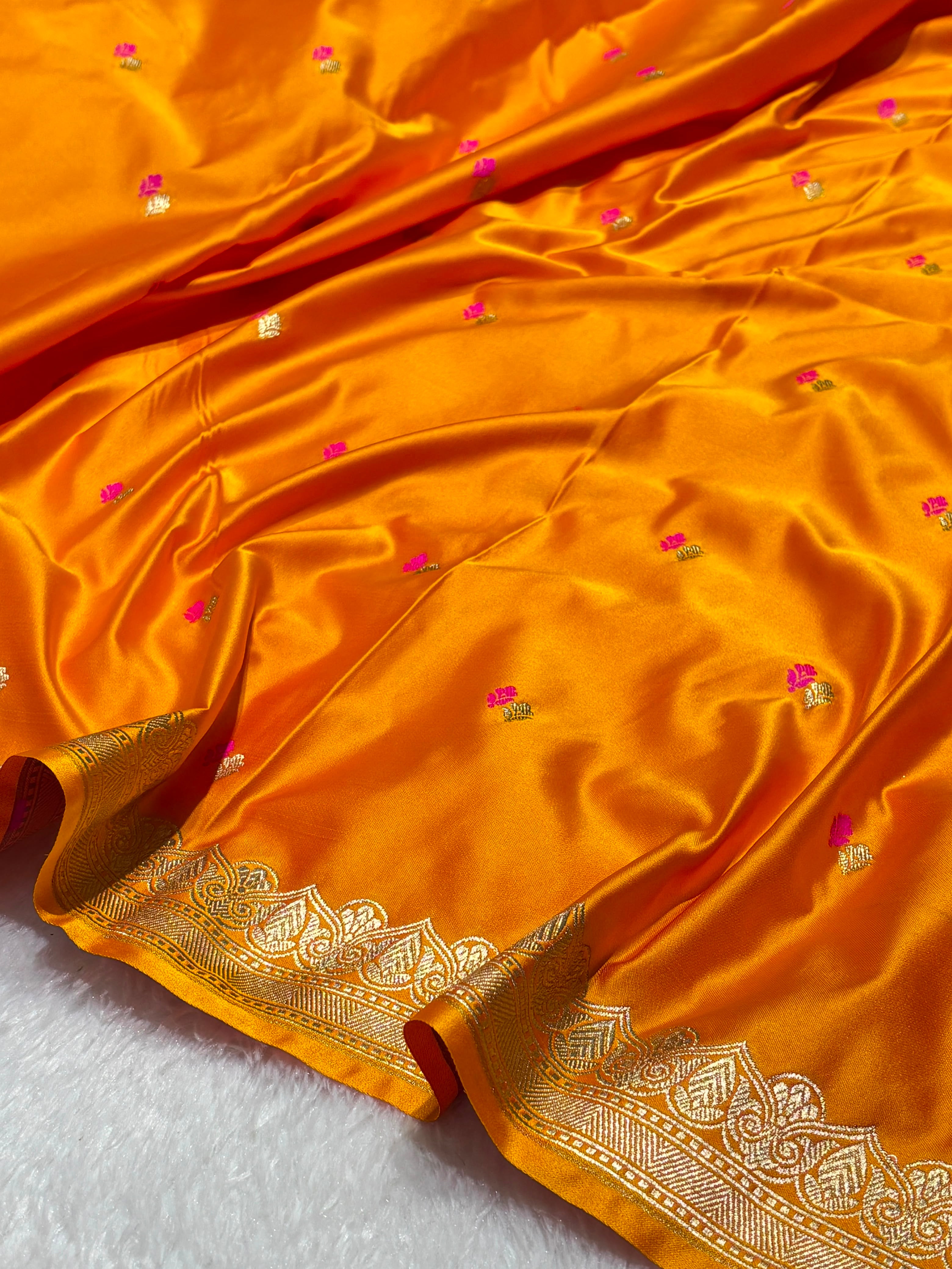 Dot Buta Saffron Orange Mashru Silk Banarasi Saree
